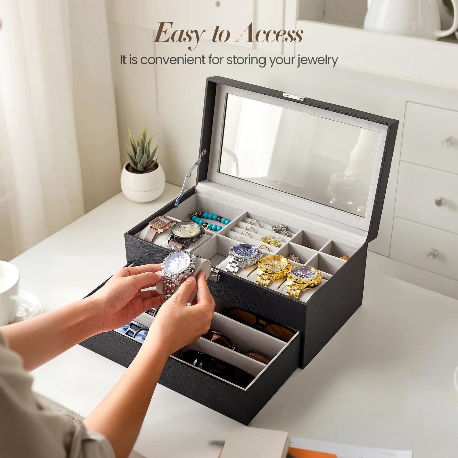 Men's Jewelry & Watch Organizer with Lock - 6-Grid Double-Layer Storage Box for Sunglasses and Accessories Leather Case with Glass Cover & Flannel Lining
