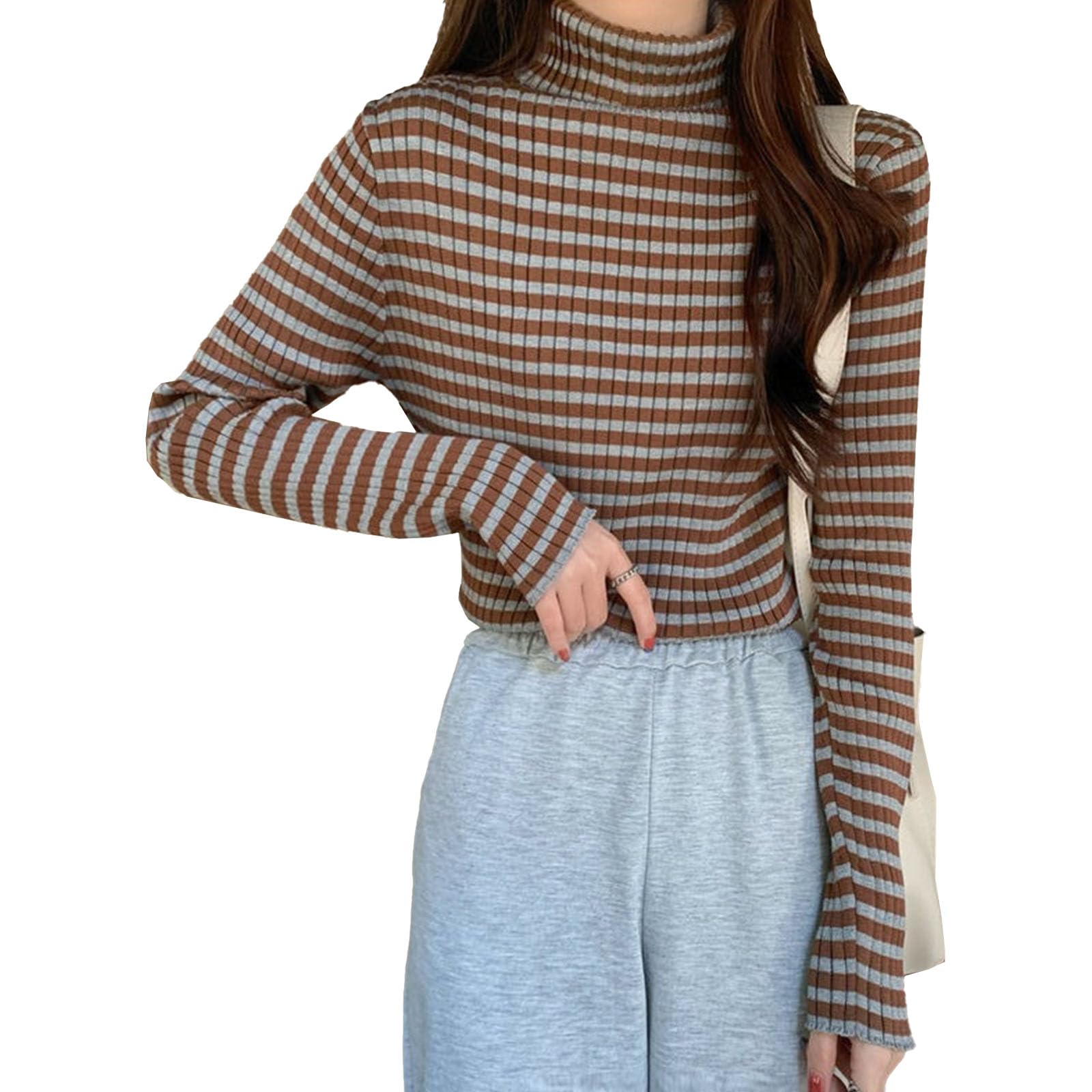 Oversized Sweaters Womens 2025 Striped Knit Turtleneck Lightweight Sweater Casual Long Sleeve Pullover Tops