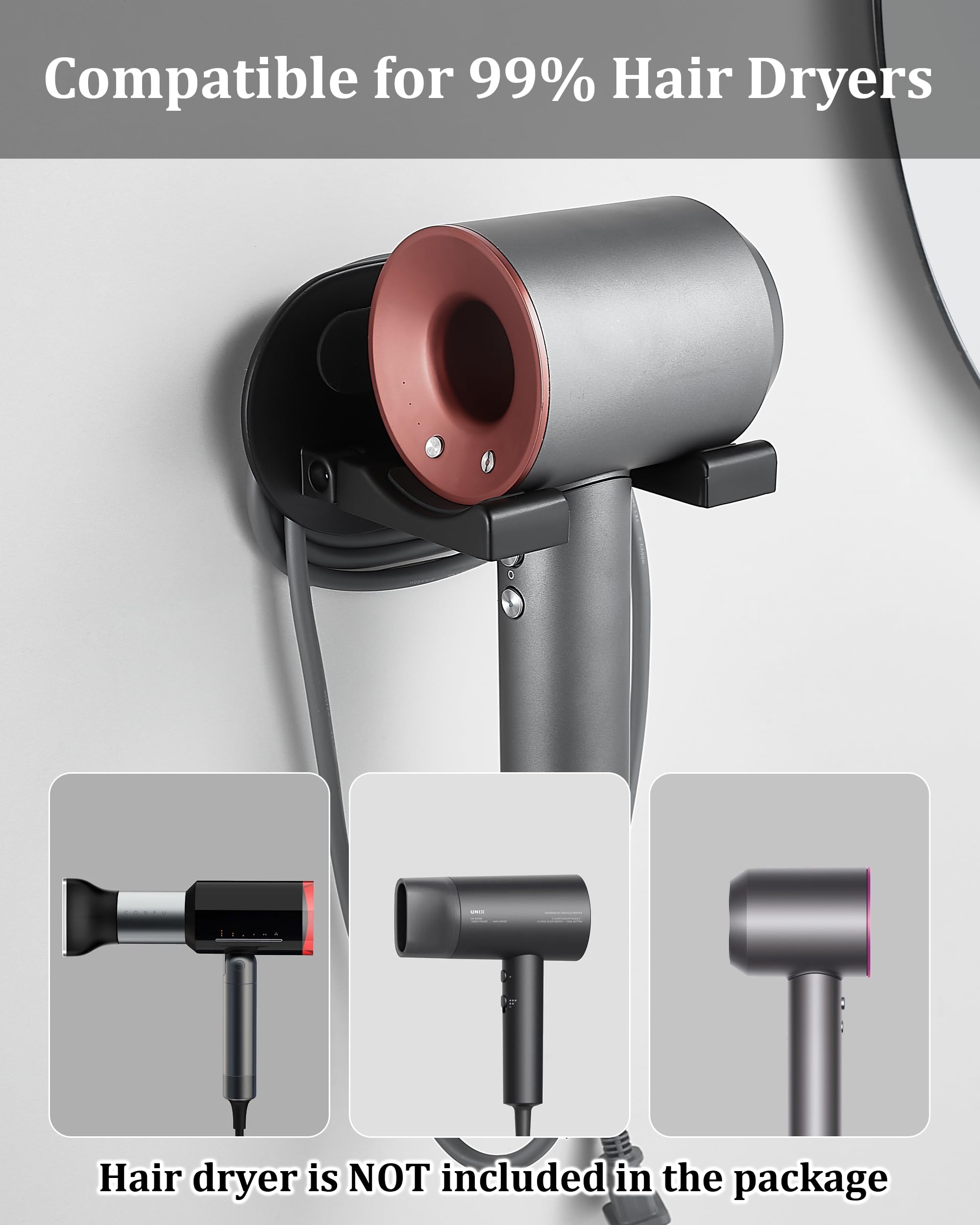 TBPDD Hair Dryer Holder Wall Mounted,New Upgrade90’ Foldable design Improve space ytilization?Space Organizer for Bathroom Bedroom Washroom (Black, Aluminum Alloy)