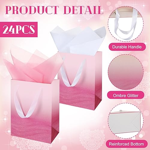Miniatura 4 de Jeyiour 24 bolsas de regalo degradadas a granel con 48 piezas de papel de seda, 9 x 7 x 4 pulgadas, bolsa de regalo de papel con purpurina, embalaje