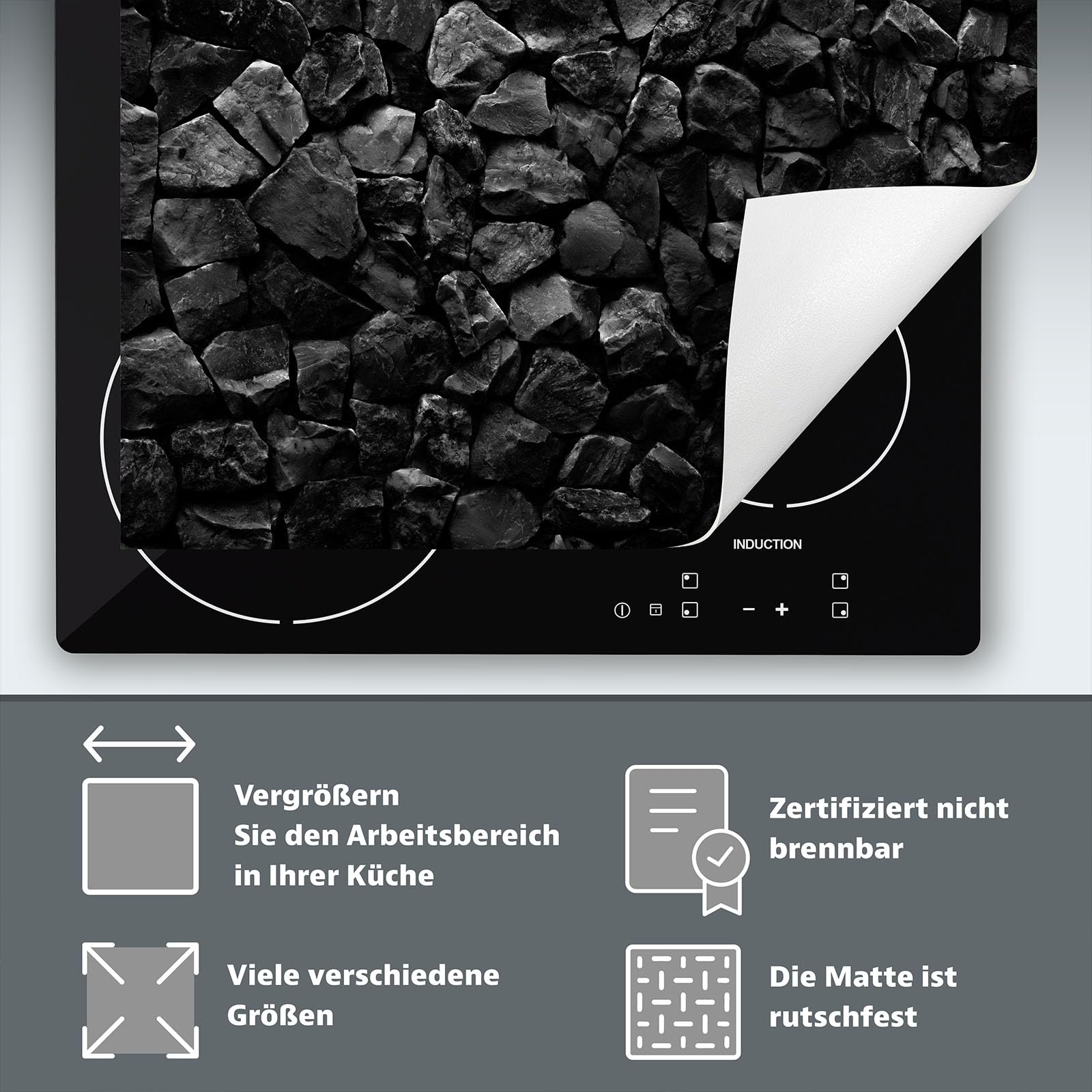 Mata ochronna na płytę indukcyjną 80x52 cm - Mata winylowa zwijana na blat - Mata dekoracyjna na kuchenkę - czarny - kamień