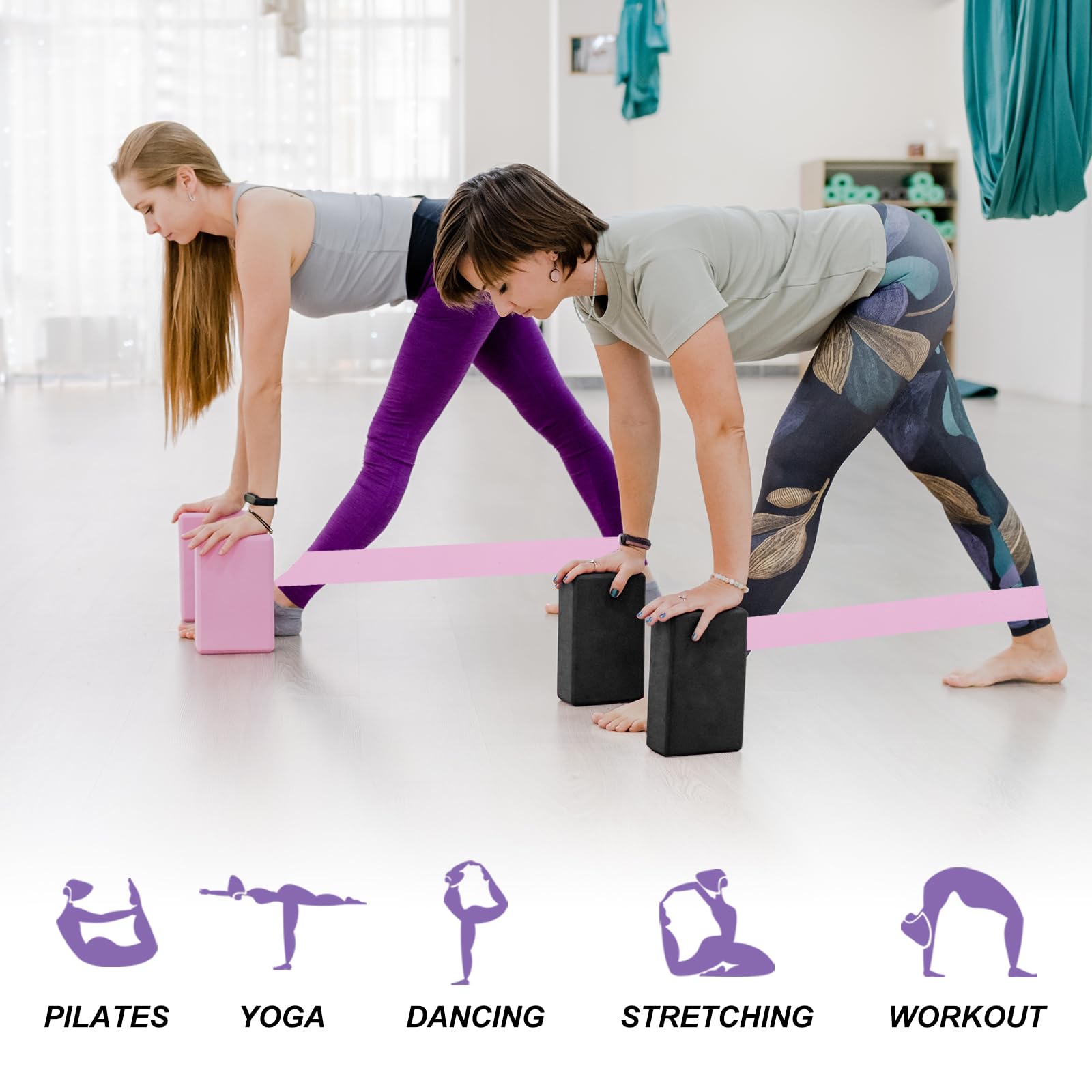 Set di blocchi per yoga e fasce di resistenza in schiuma EVA ad alta densità, confezione da 10, antiscivolo, 22,9 x 15,2 x 7,6 cm, leggeri mattoncini da danza per donne, perfetti per palestra