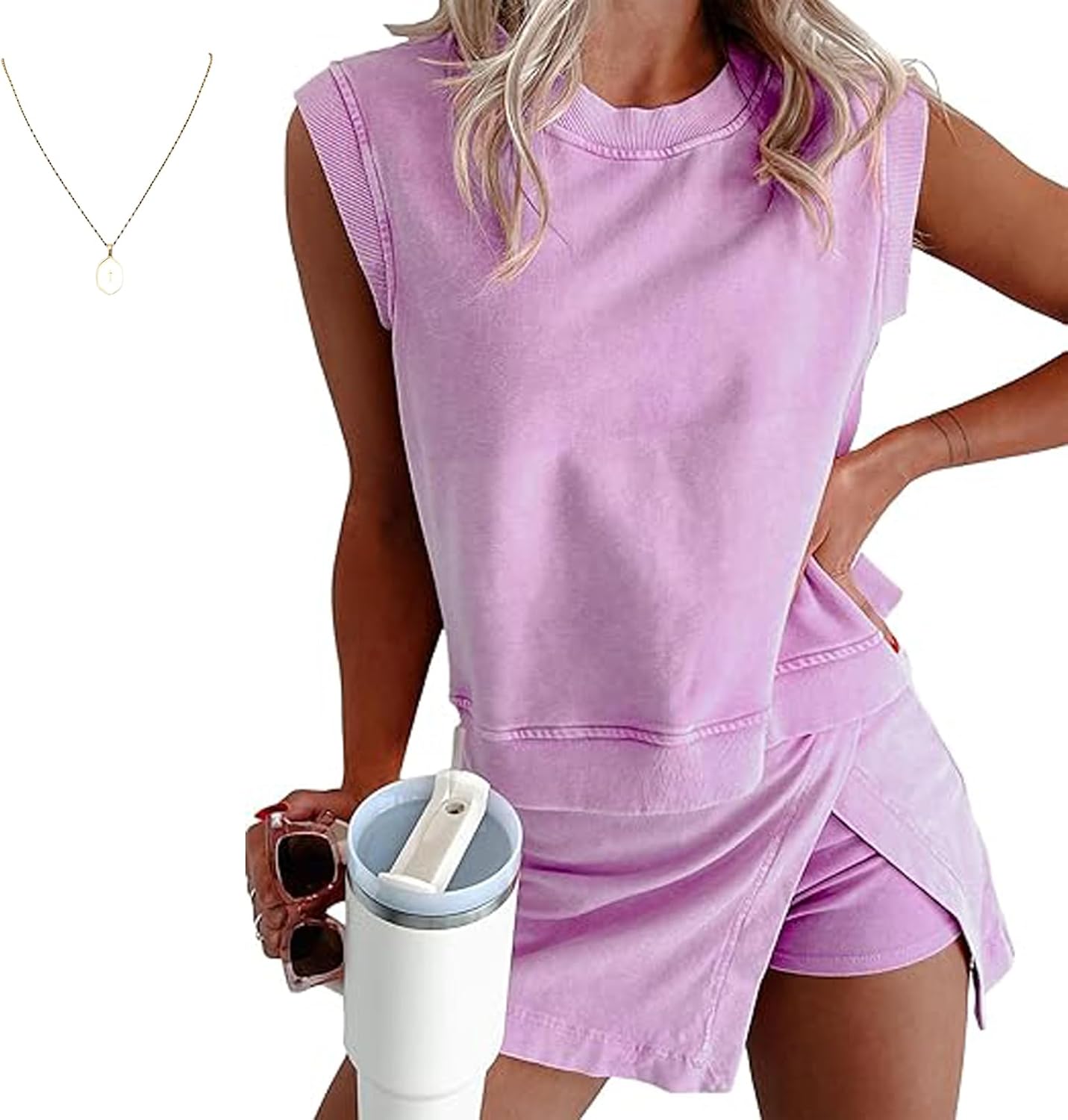 Skort Sets Women 2 Piece Outfits, Summer Casual Side Split Athletic, Vacation Short Lounge Sets
