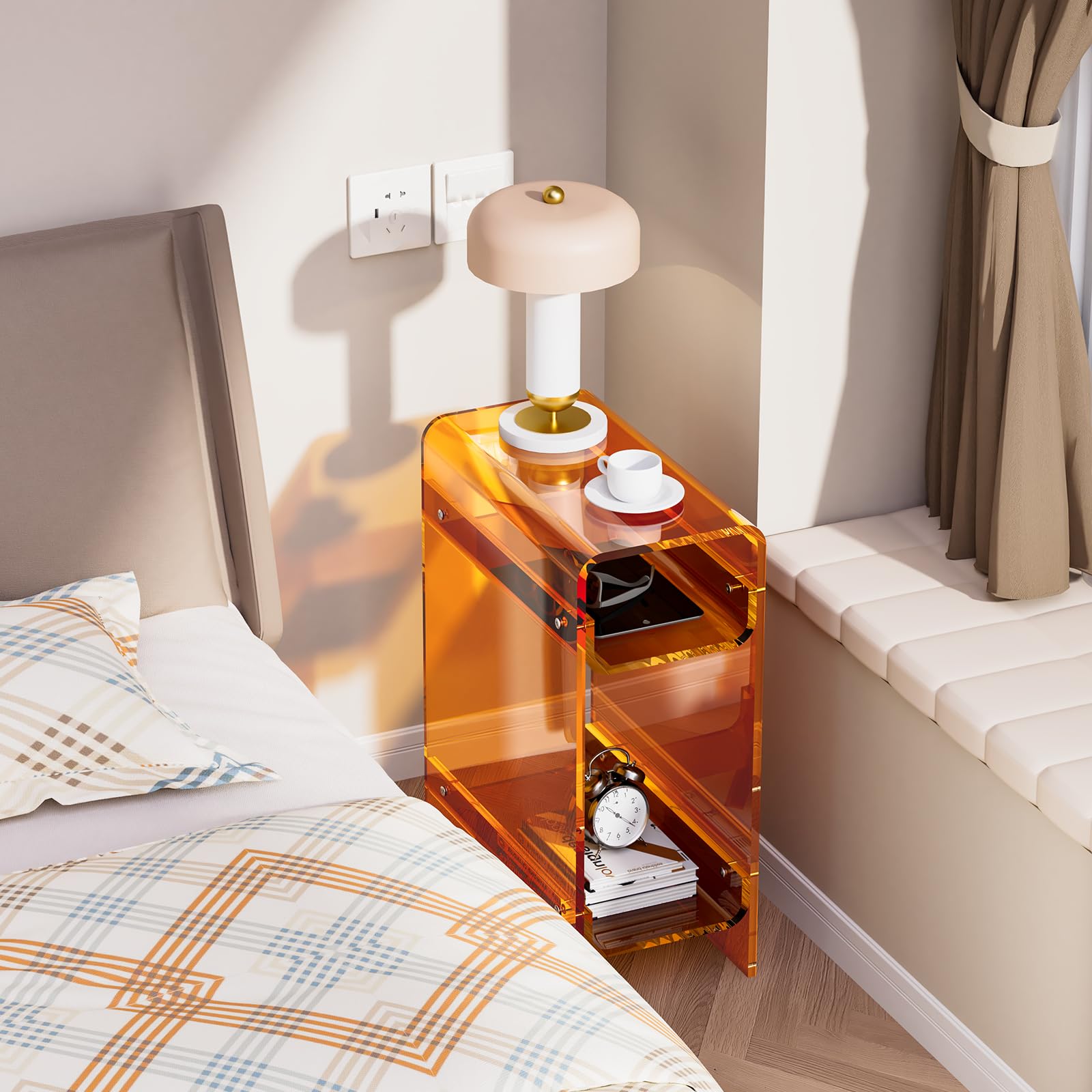 Beistelltisch aus transparentem Acryl, schmal, schmaler Beistelltisch für kleine Räume, schmaler Nachttisch, Nachttisch für Schlafzimmer, Wohnzimmer, Büro (Orange, 22×40×55cm)