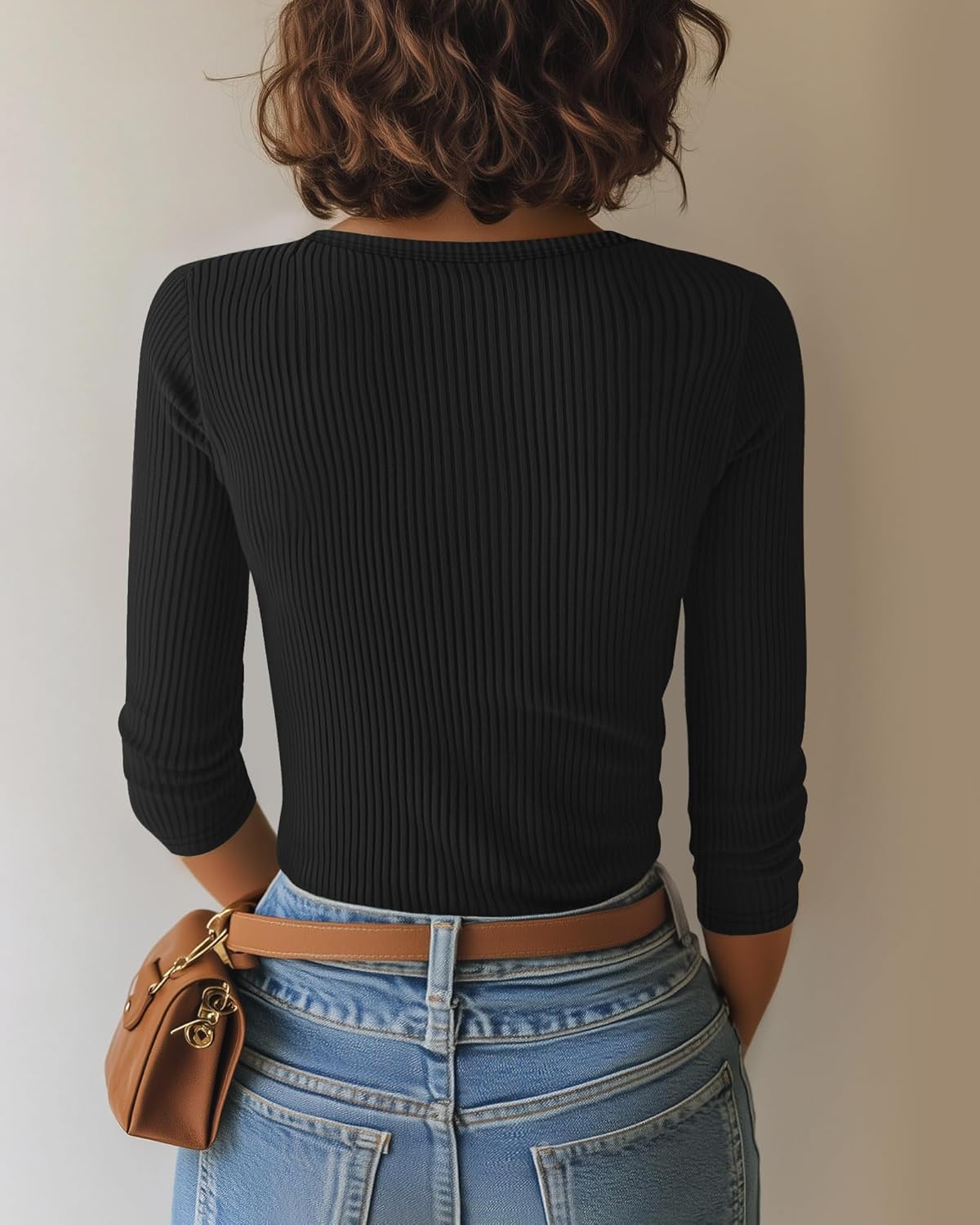 3 Pack 3/4 Length Sleeve Tops for Women Ribbed Scoop Neck Slim Fitted T-Shirts Summer Casual Basic Tight Tees - Image 5