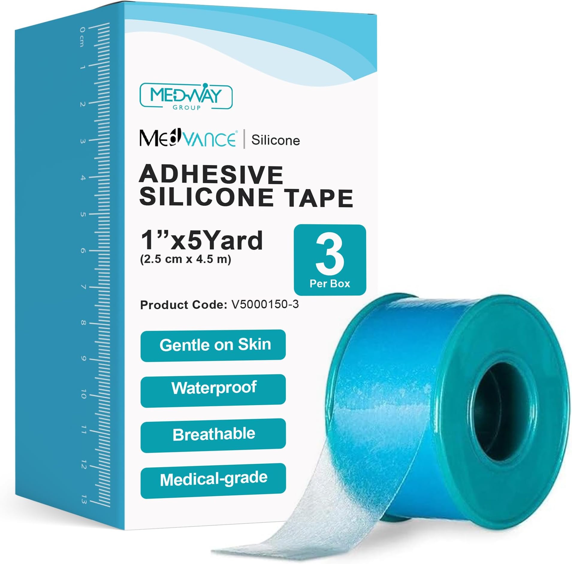 Medvance Soft Silicone Tape with perforation for easy cut size - 1" Width (3 Pack, 5 Yards)