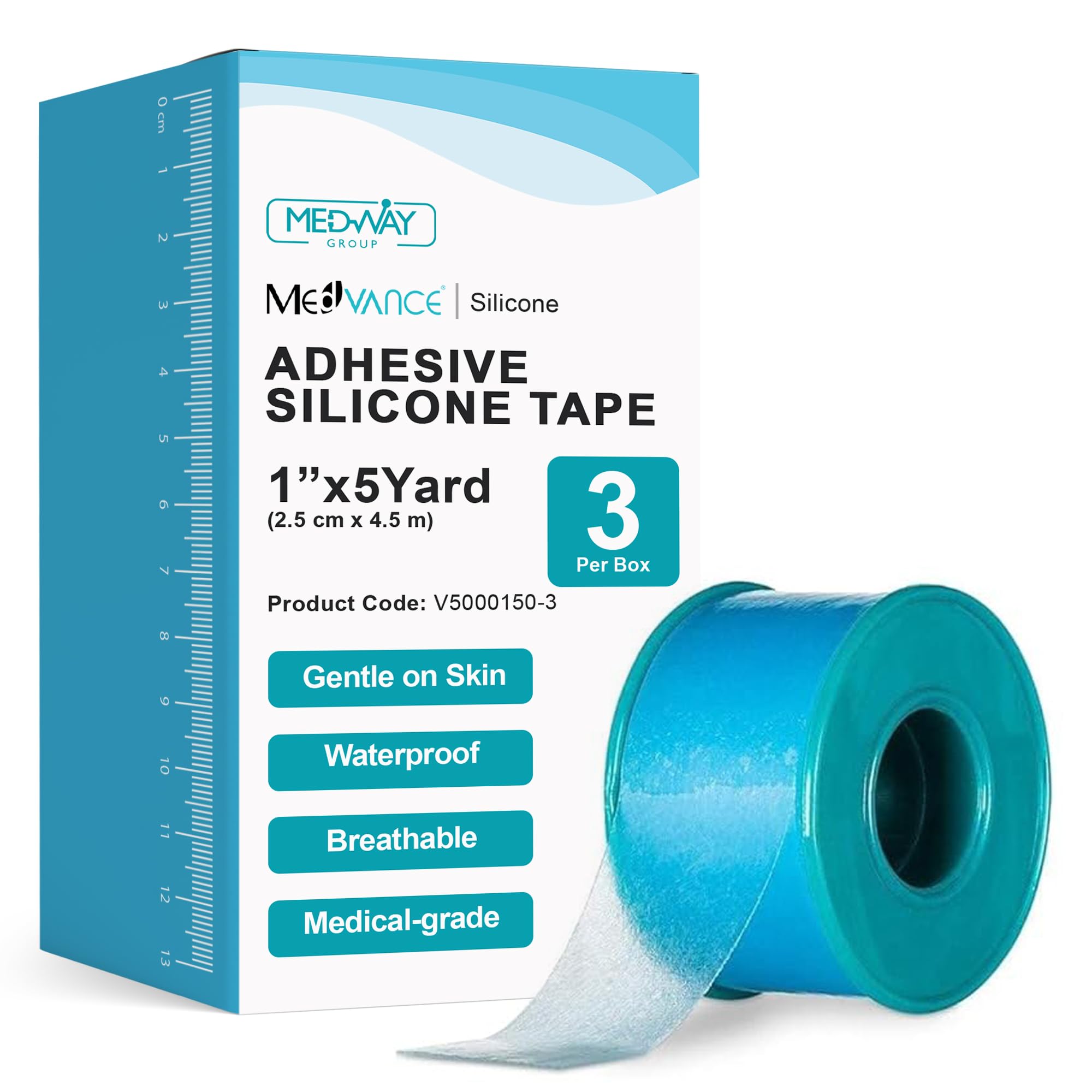 Cinta de silicona suave Medvance con perforación para facilitar el corte, tamaño 2.5 cm x 4.5 m, caja de 3 rollos