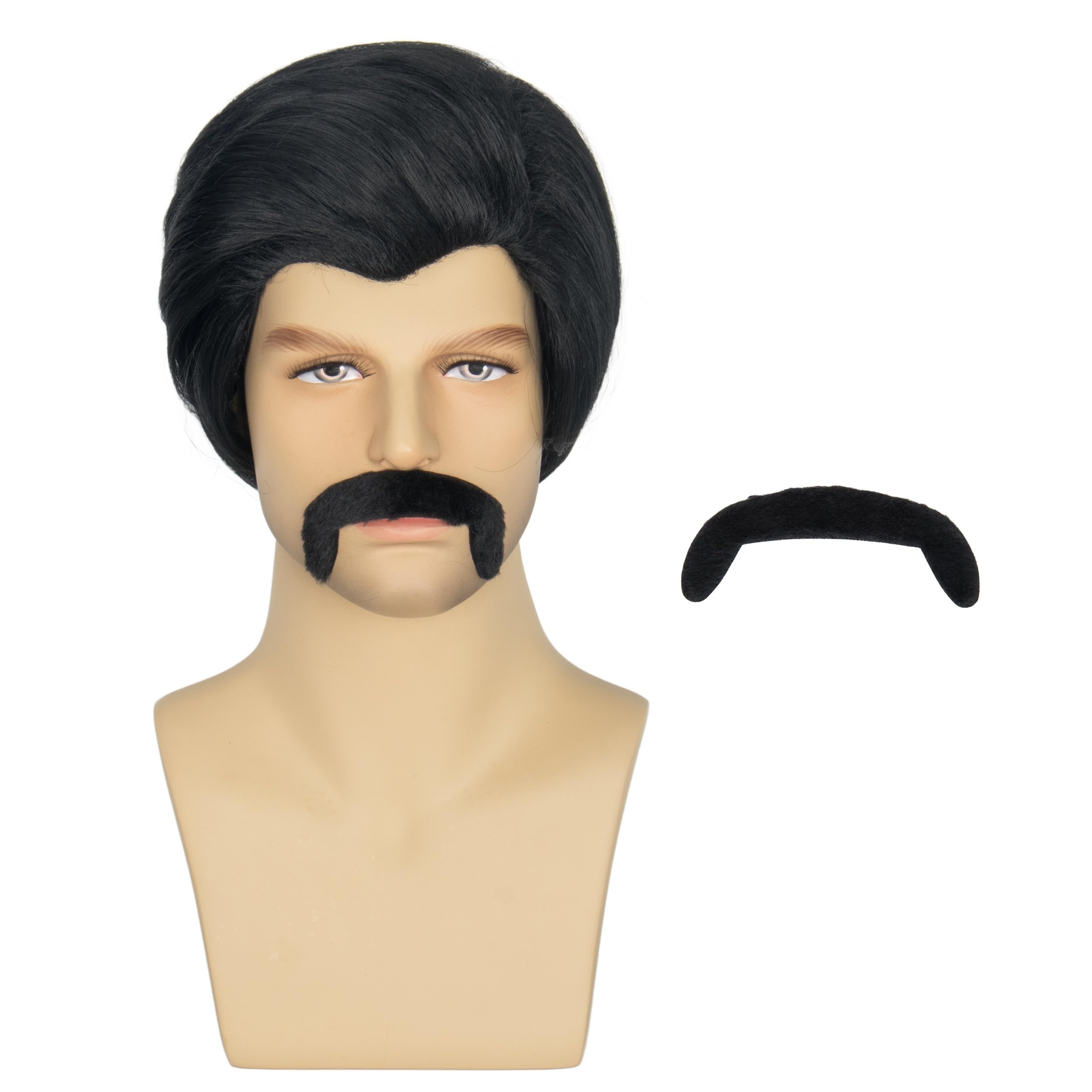 Miss U Hair Man Short Straight Slicked Back Black Wig Fake Mustache Men's Party Cosplay Funny Wigs