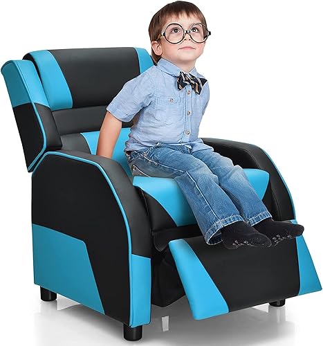 HONEY JOY Silla reclinable para niños, silla reclinable de juegos juveniles con reposacabezas y almohada trasera, silla de salón tapizada de cuero