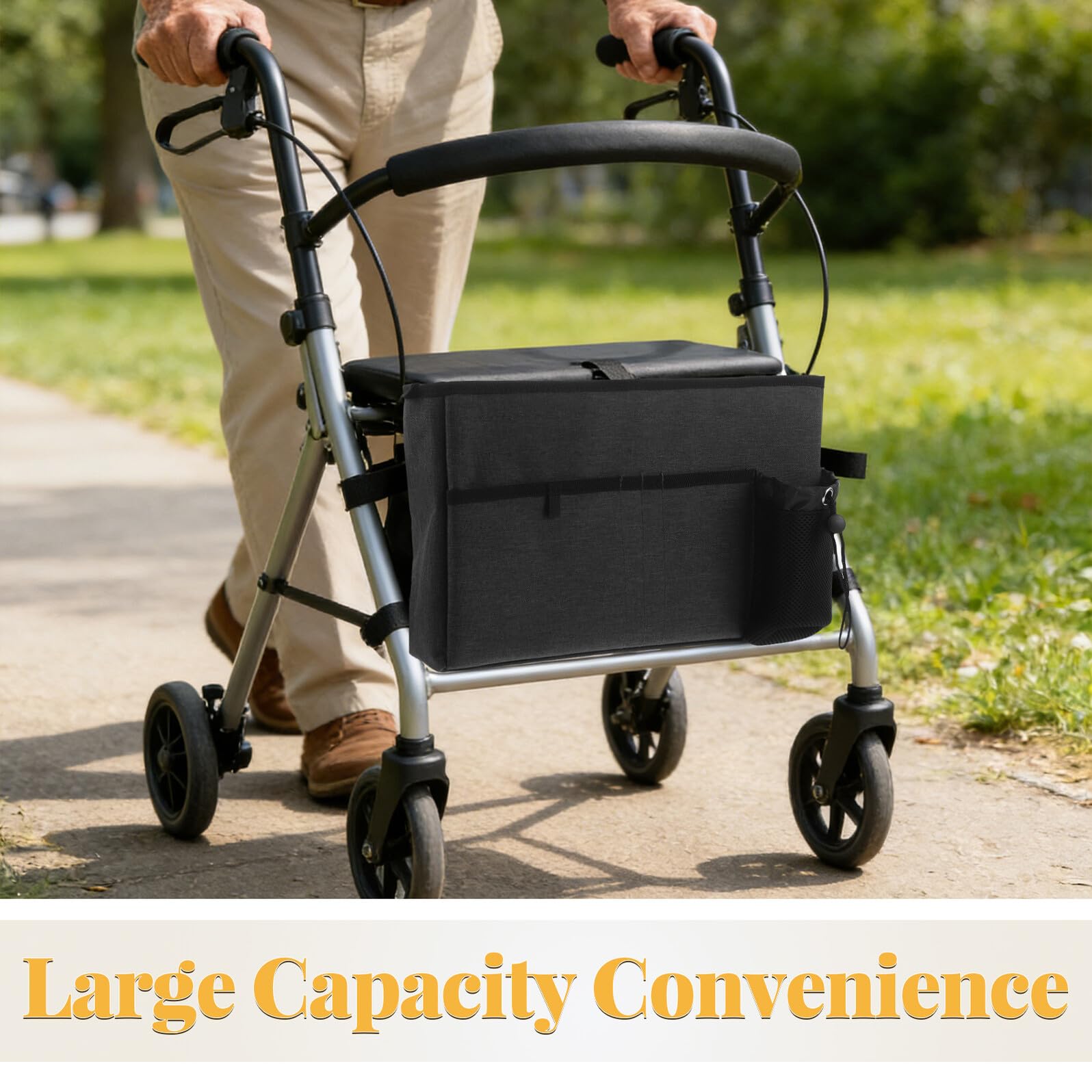 Bolsa Lateral para Andador Plegable de Gran Capacidad en Poliéster Negro | Compartimentos Múltiples, Acceso Rápido, Uso Interior y Exterior, para Movilidad y Silla de Ruedas