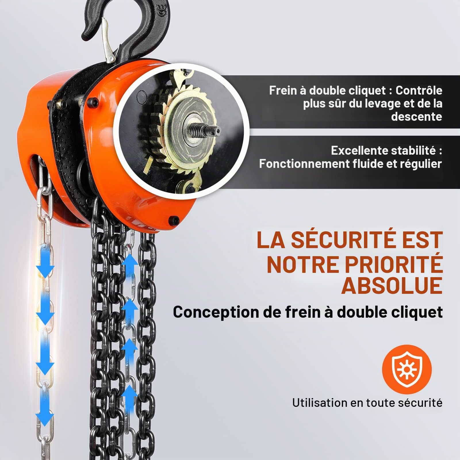 VEVOR Palan à Chaîne Manuel 1 T Palan à Chaîne avec Crochet 360° à Bloc Hauteur de Levage 5,6 m Acier Allié G80 Frein Double Cliquet Guidage de Chaîne pour Marchandises Garages Quais Usines Chantiers