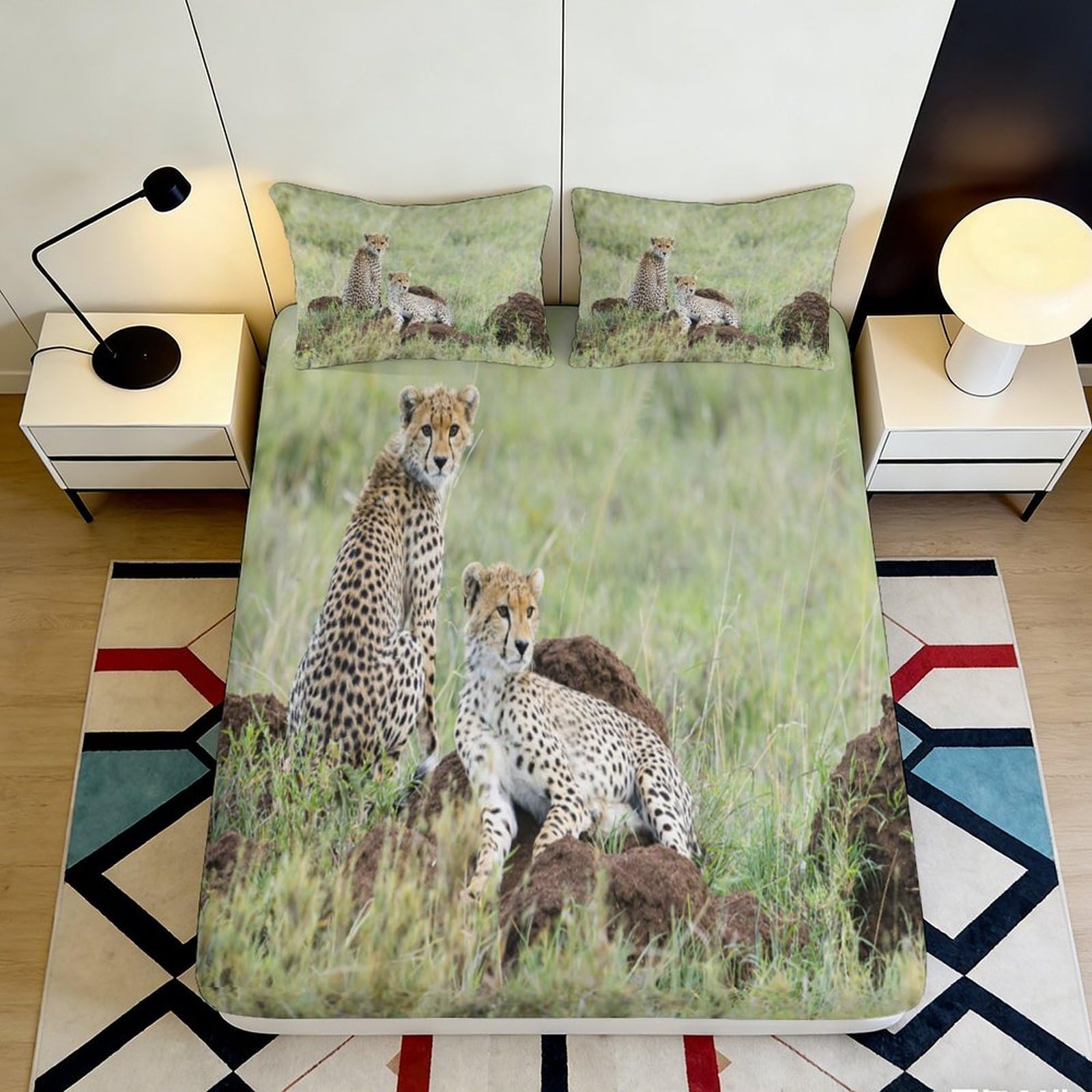 3D Printed Cheetah Grassland Fitted Sheet Microfiber Soft Breathable Savannah Bed Cover for Bedroom Mattress Decor 90x200x25cm
