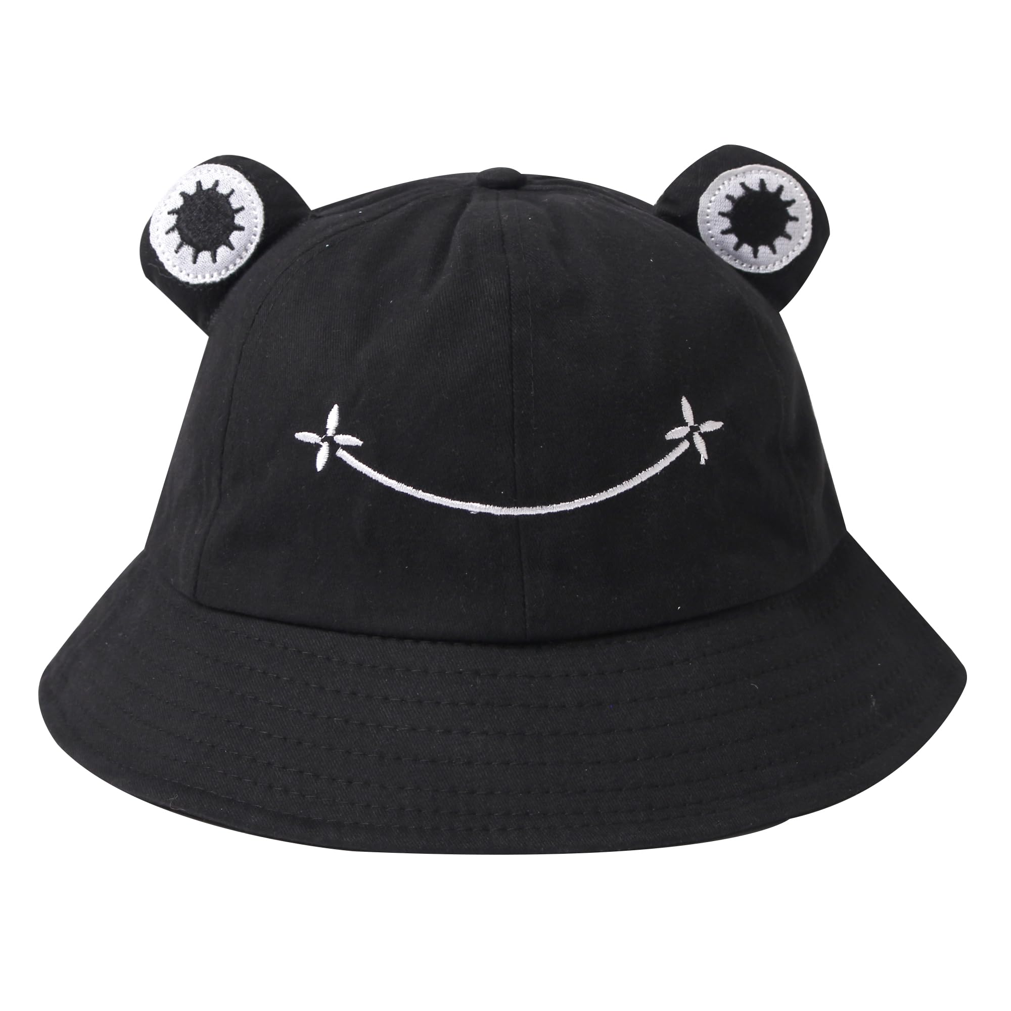Fufumin Women's Black Frog Bucket Hat Cute Cotton Wide Brim Fisherman Sun Hat For Adult Girls
