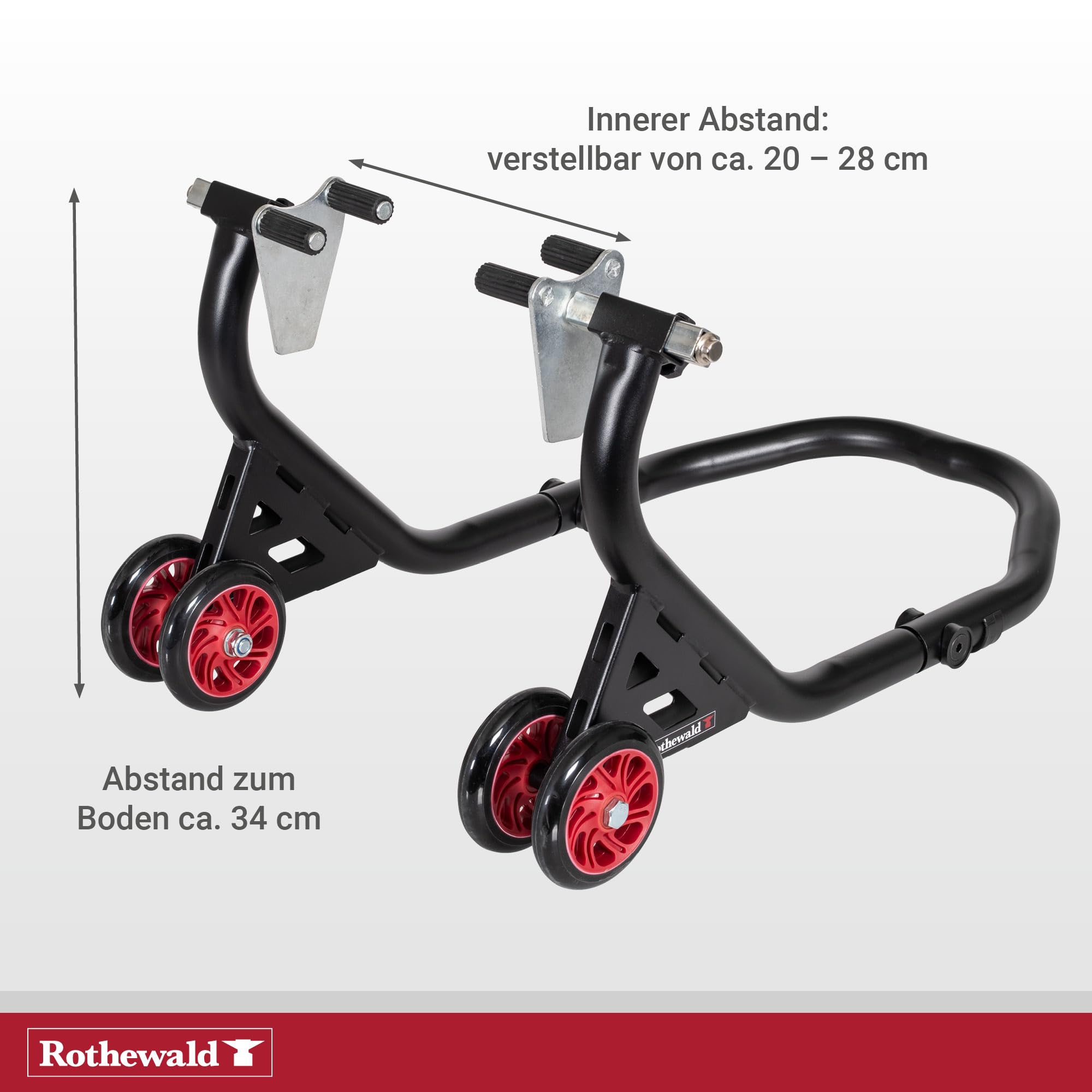 Rothewald Front-Motorradheber aus Stahl, Universal-Pinadapter, bis 300 kg, Hohe Stabilität & Standfestigkeit, Montageständer, mit Doppelrollen, Leichtes Aufbocken