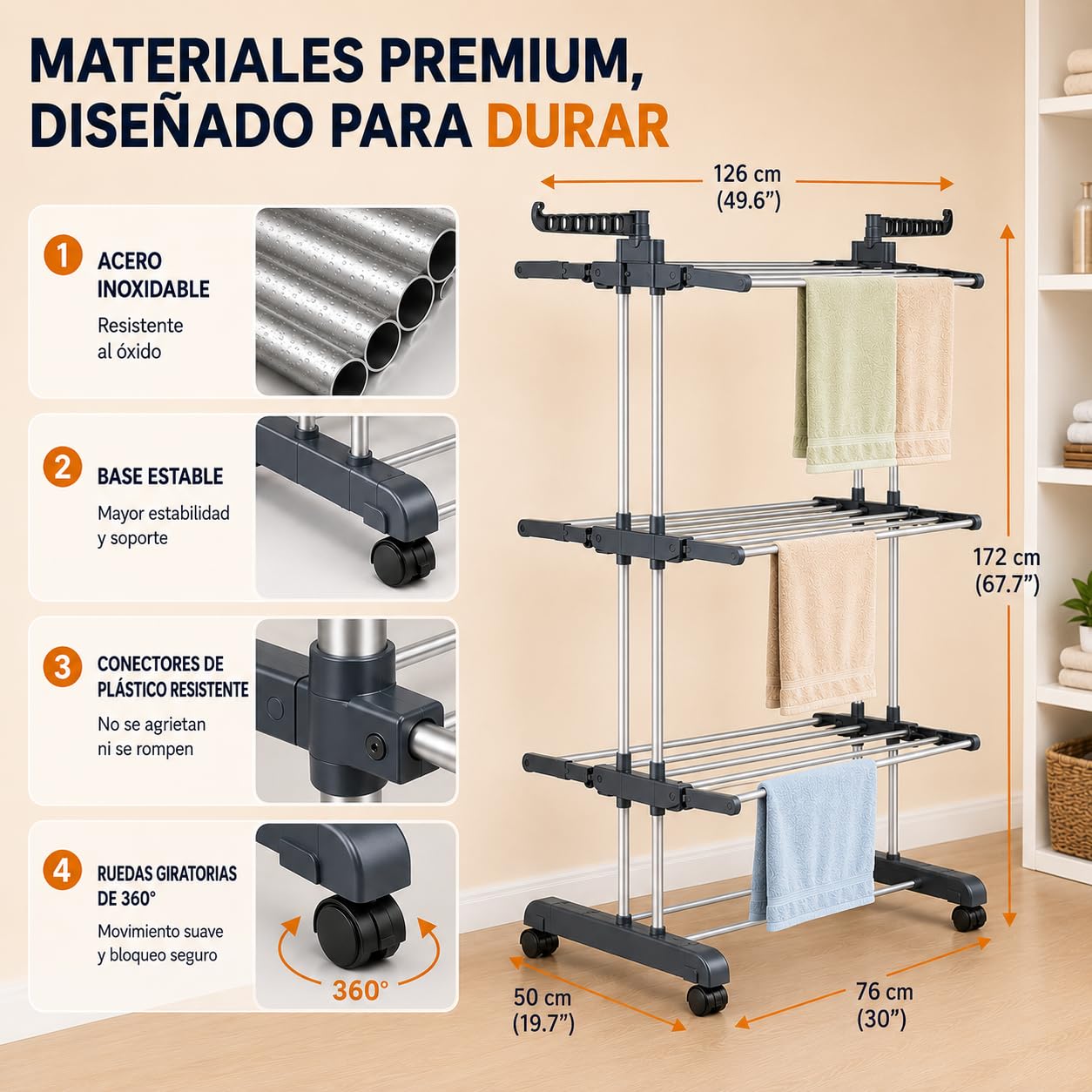 HOMEYA Tendedero Vertical Plegable con Ruedas, 4 Niveles y Ahorra Espacio