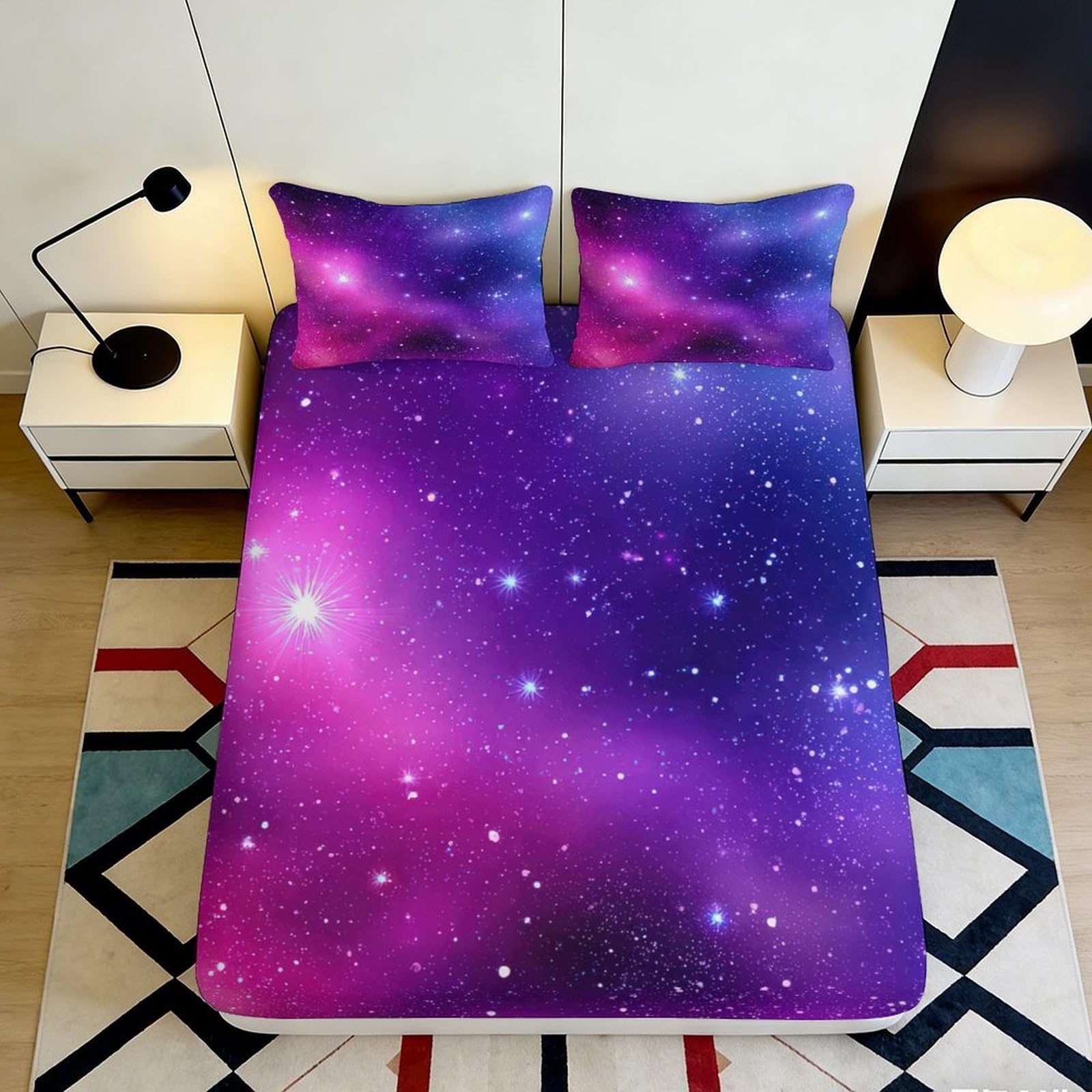 Uxinyoume Style-9 3D Printed Galaxy Starry Sky Fitted Sheet Microfiber Soft Purple Cosmic Nebula Bed Sheet For Bedroom Dorm Decor 90X200x25cm