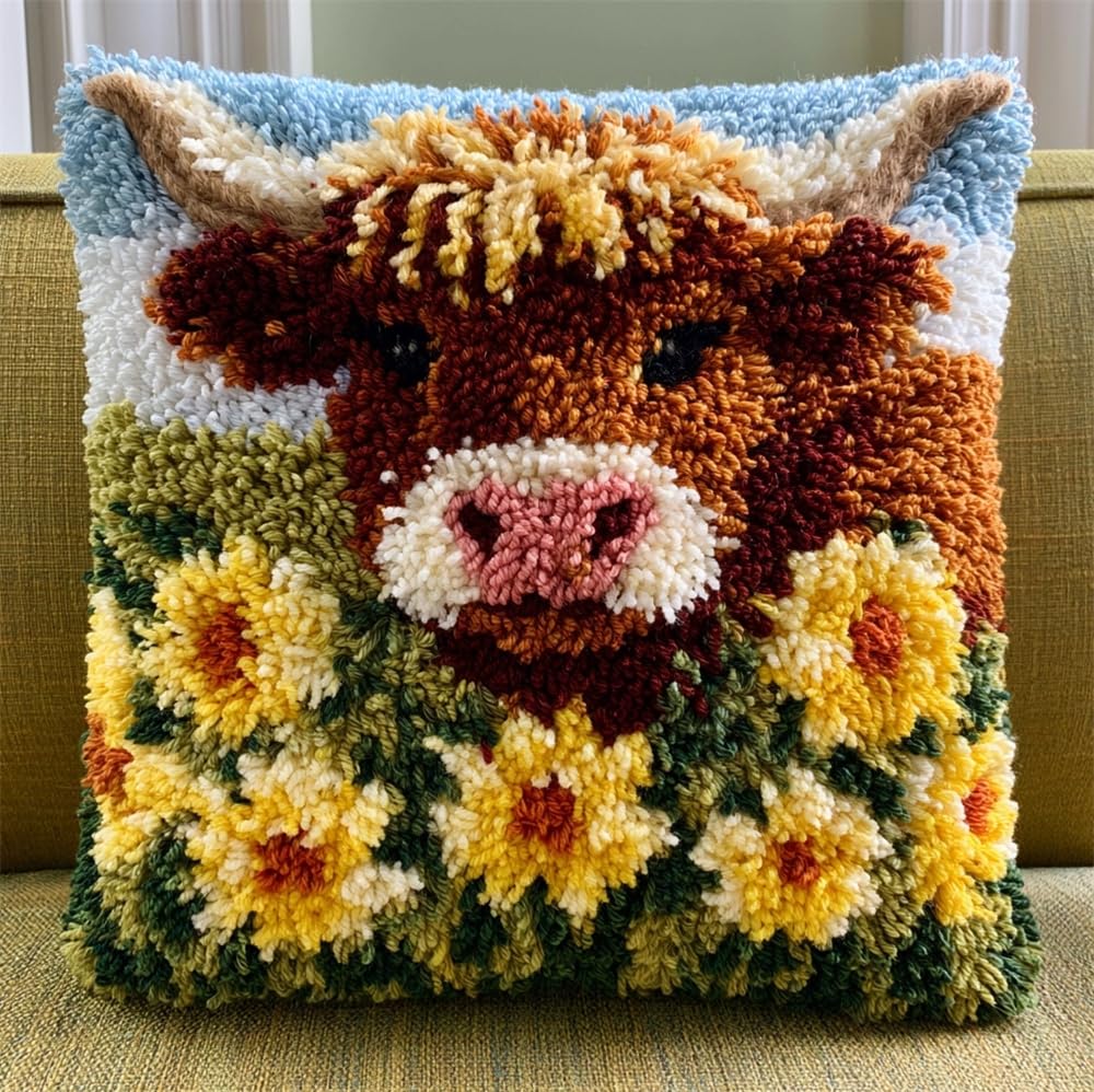 kitphoenix Latch Hook Kit,Highland Cow and Flowers