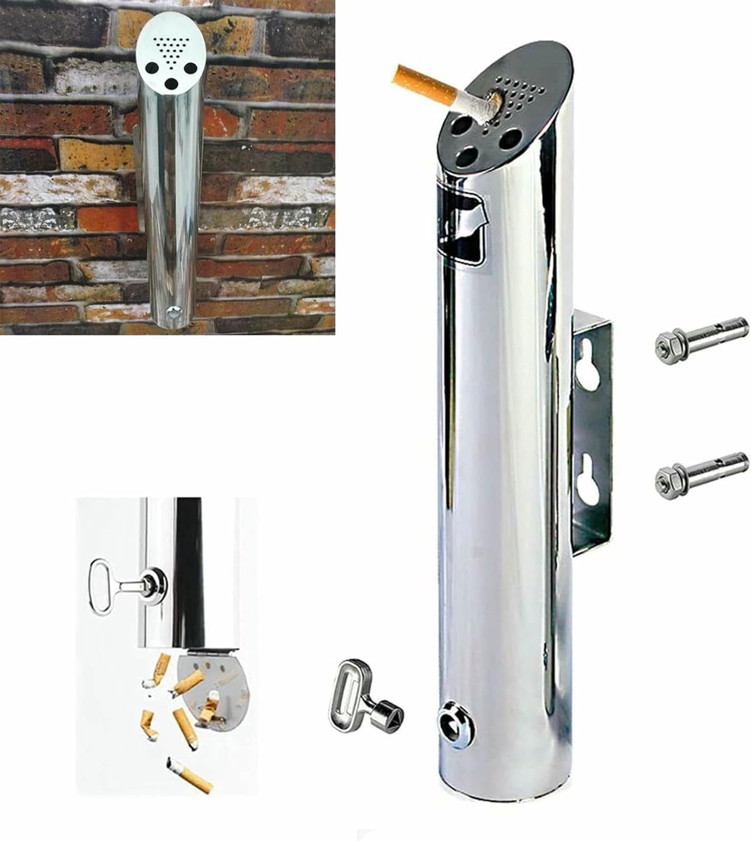 Cendrier monté au mur en acier inoxydable 304 verrouillable pour espace public extérieur