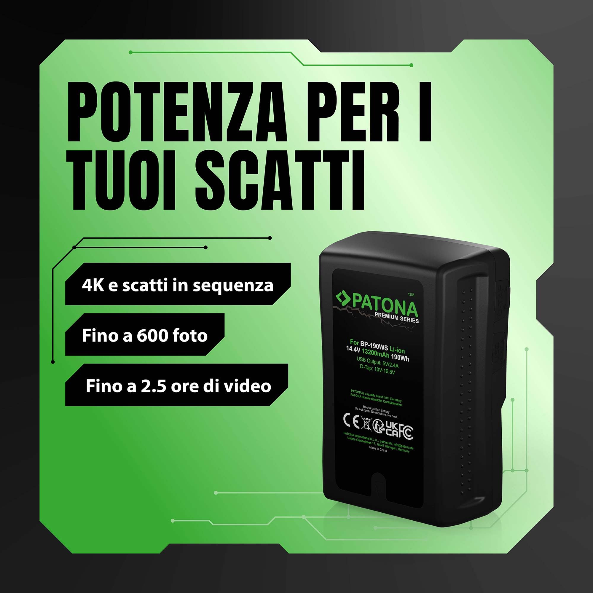 PATONA Premium Batteria V-Mount 190Wh (14,4V 13200mAh) – sostituisce Sony BP-190WS BP-GL95 BP-GL65 – con D-Tap e uscita USB, indicatore LED – per camcorder broadcast, URSA e luci video