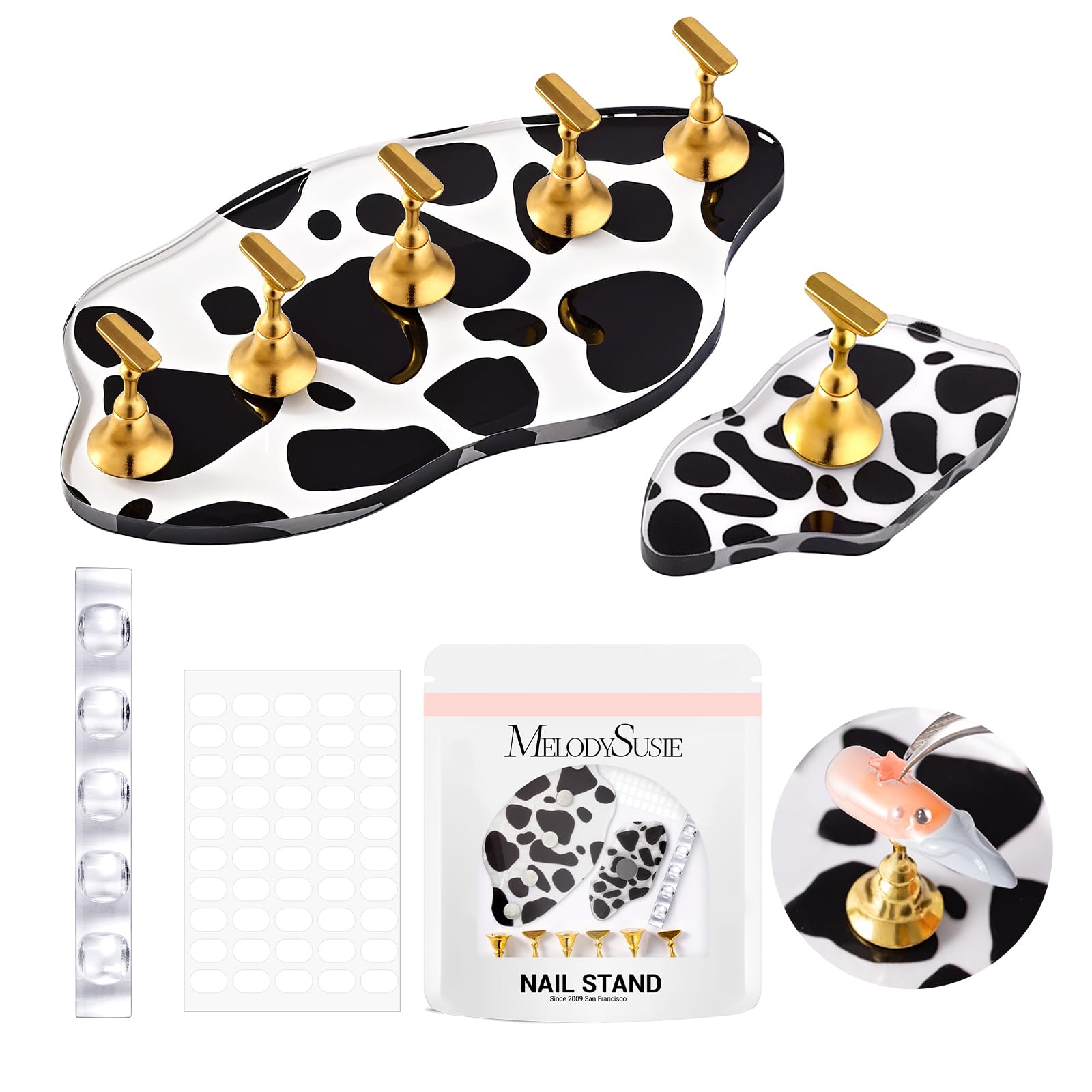 MelodySusie Update Nail Stand for Press Ons 2 Spotted Cloud Magnetic Bases for Practice Painting Display Practice with