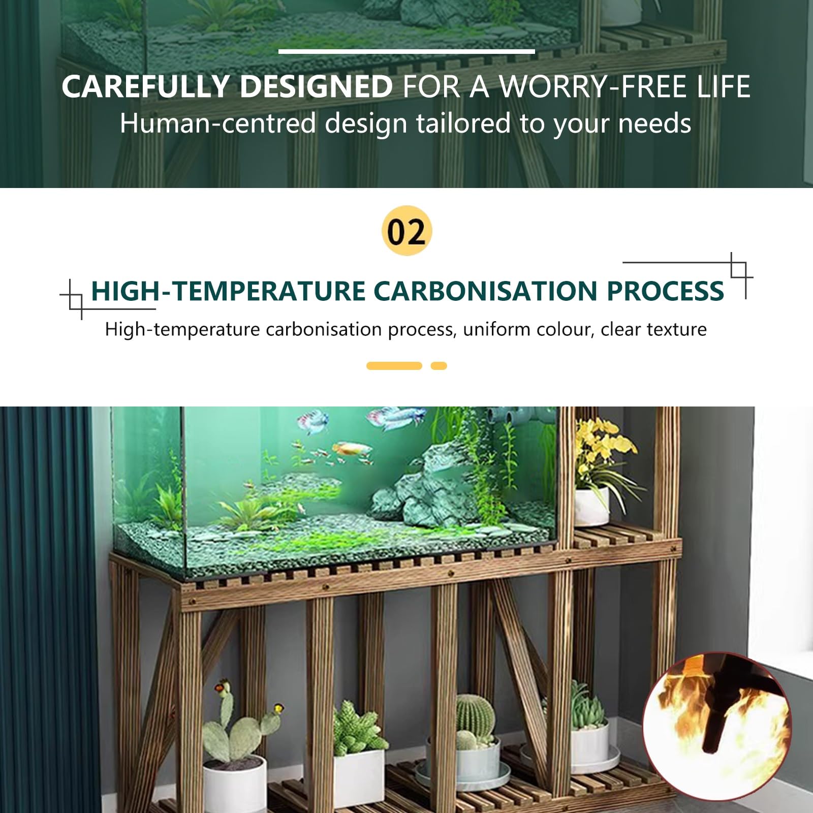 Support pour Aquarium en Bois Massif, Robuste Et Résistant, avec Rangement à Plusieurs Niveaux, en Pin Carbonisé, étanche Et Résistant à Lhumidité, Idéal pour Un 70cm/27.6in