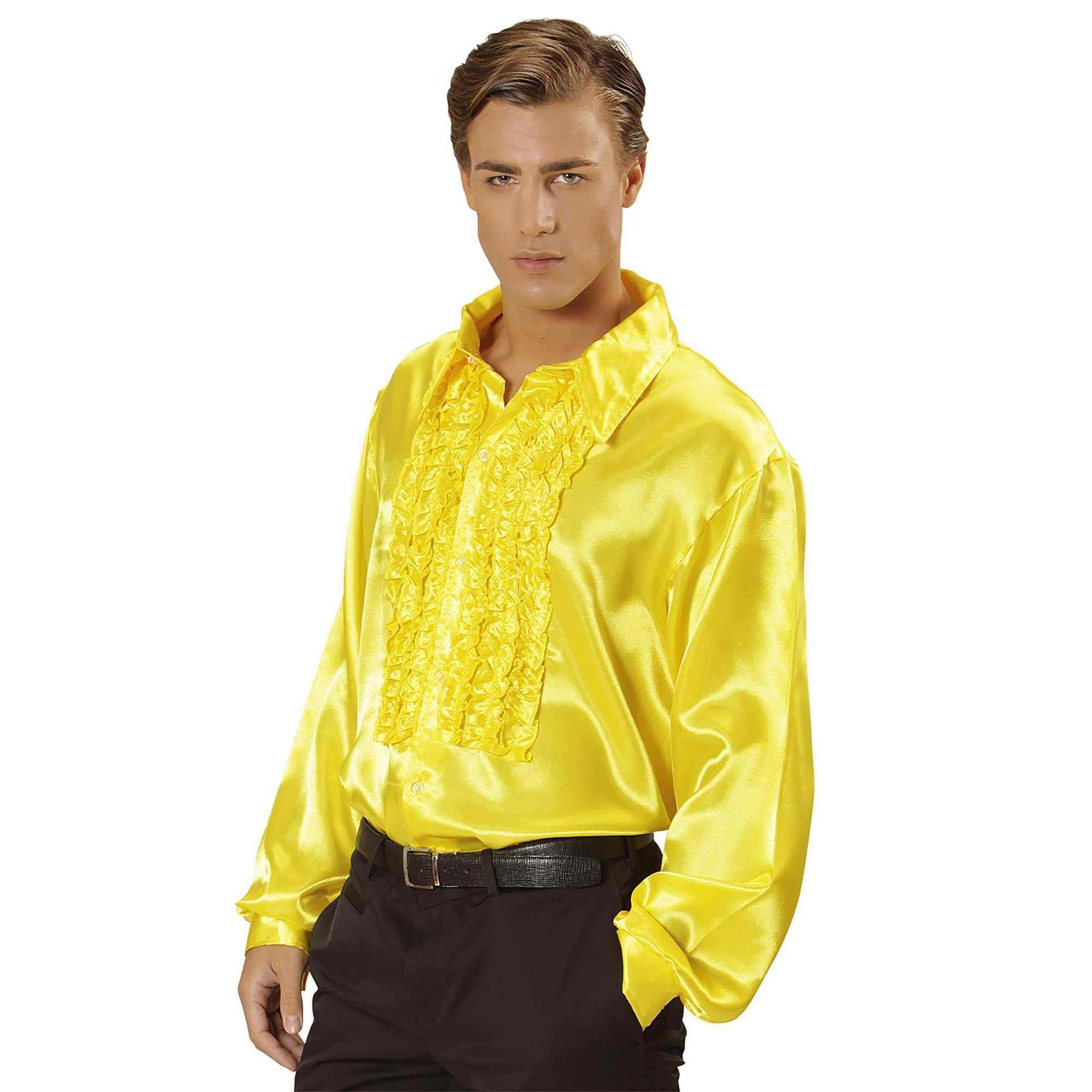 Widmann 01194-70s Disco Style Shirt, Adult Man, Made of Satin, With Ruffles, Carnival, Disco, Size XL, Yellow Color