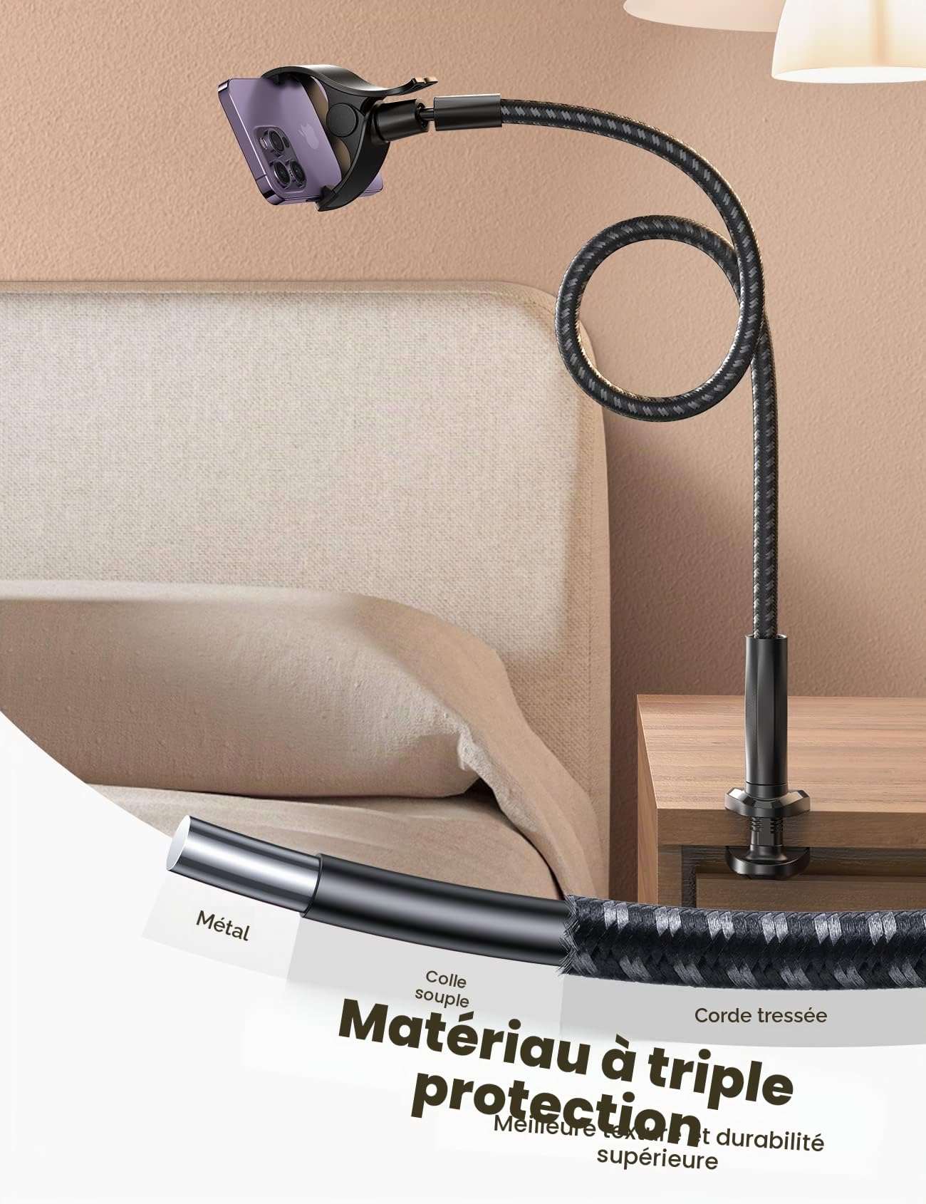 Lamicall Support Téléphone avec Col de Cygne, [Nouveau Tissé en Nylon] 97cm Bras Flexible, Pince Réglable à 360°, Support Téléphone Lit pour iPhone 17/16/15/14/13/12 Pro Max, Autres Smartphones 4-7”