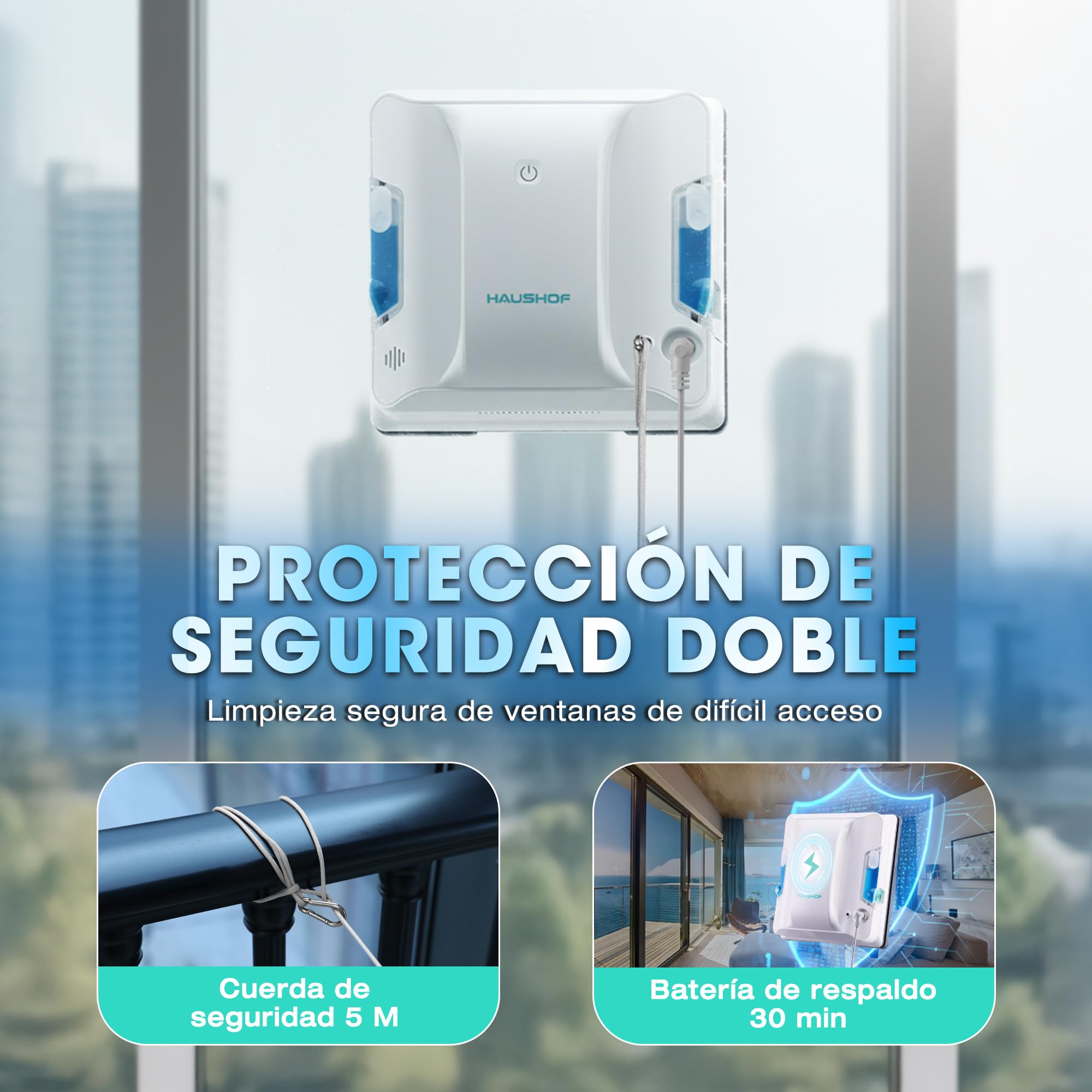 HAUSHOF Robot Limpiacristales Eléctrico 3800 Pa, Robot Limpia Cristales Ventanas | con Sistema de Pulverización Bidireccional, Navegación Inteligente, Seguridad Anticaídas, Mando, Sin Zonas Muertas