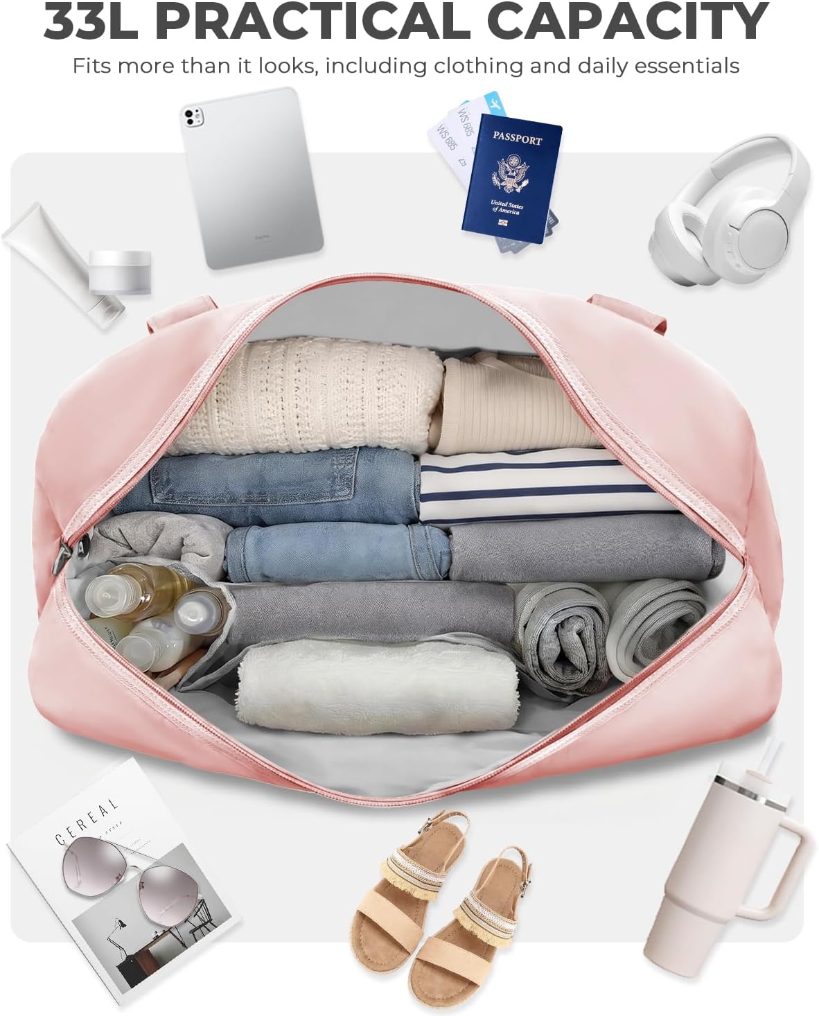 Percover Weekender Travel Duffel Bag for Women, Lightweight Soft-Structure 33L Carry-On, Water-Resistant Nylon with Shoulder Strap & Trolley Sleeve, Personal Item Friendly, Blush Pink