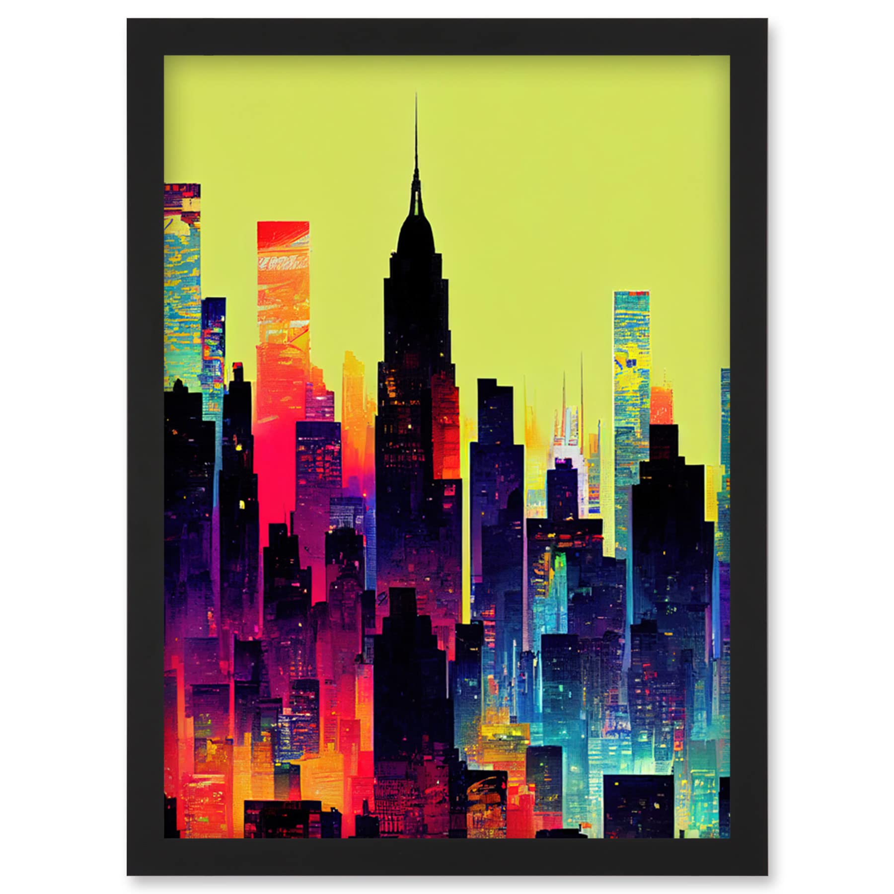 Wee Blue Coo New York Vibrant Multi Coloured Graphic Design Skyscraper Cityscape Silhouette Artwork Framed Wall Art Print A4