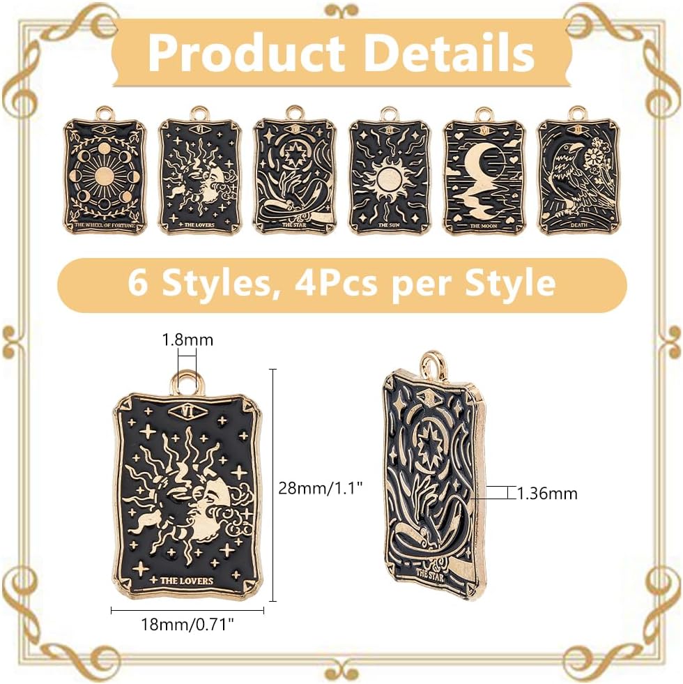 DICOSMETIC 24Pcs 6 Styles Tarot Charms Bulk Enamel Tarot Card Charms Alloy Tarot Pendant Gothic Moon Star Rectangle Charm Black Amulet Charm Vintage Magic Pendant for DIY Jewelry Making - Image 2