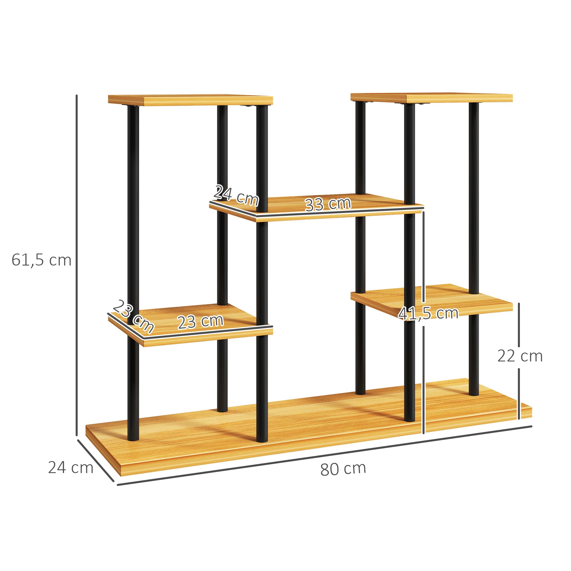 Outsunny Support plantes intérieur, étagère plante à 6 niveaux, cadre en acier base en bois massif, porte plante pour salon, balcon, jardin, bois naturel