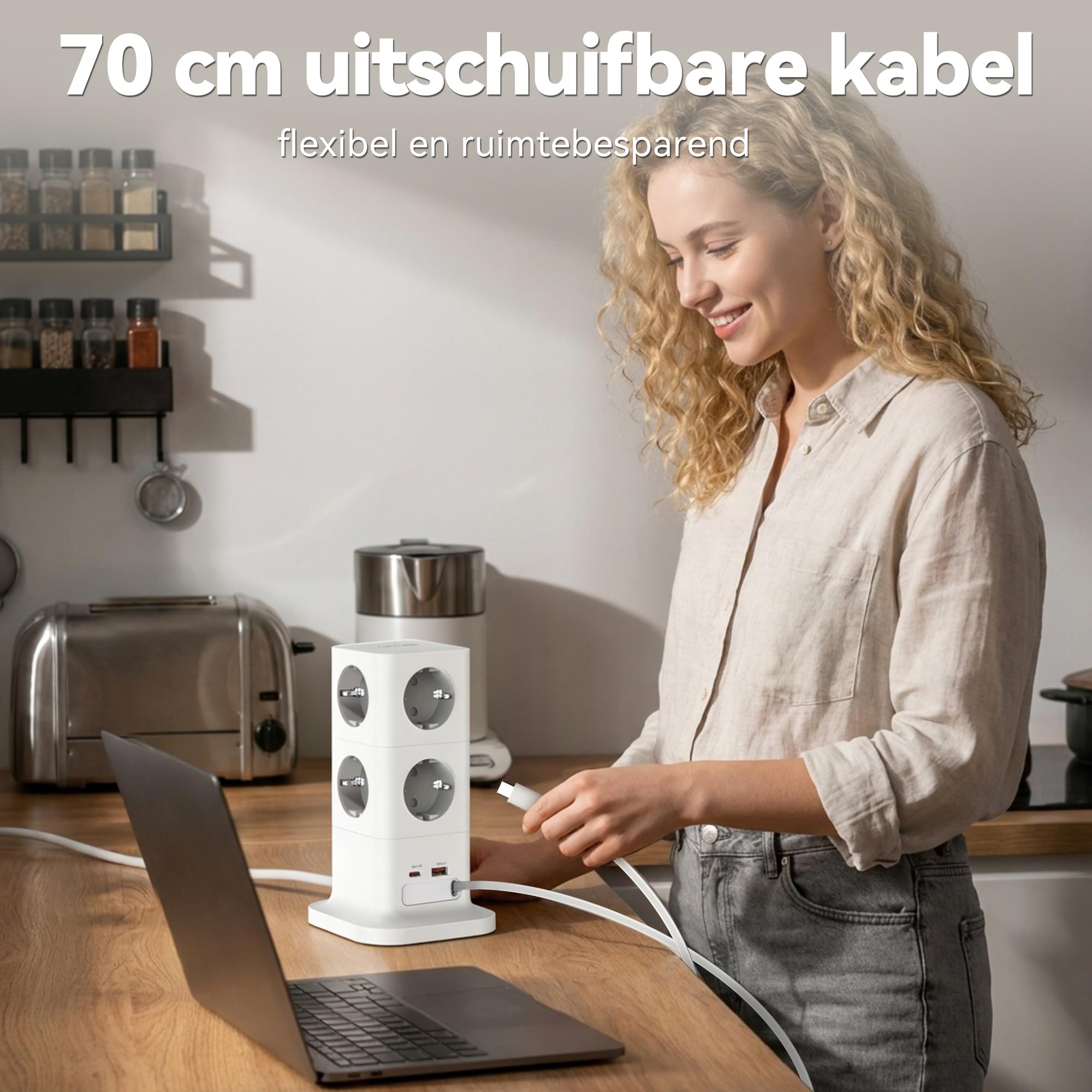 TOPADRE Tipo Torre con Carga rápida de 65 W y Cable retráctil de 70 cm. Regleta multifunción 11 en 1 con protección contra sobretensiones, Interruptor y Cable.