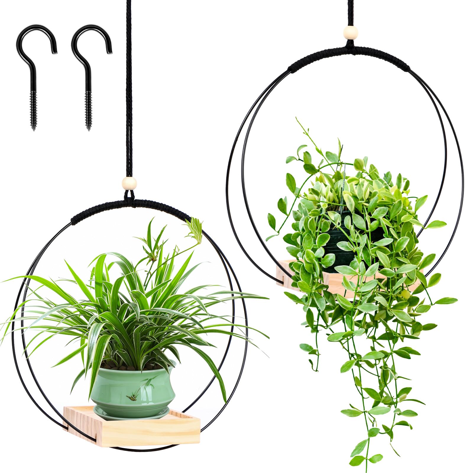 Sumotia Lot de 2 pots de fleurs suspendus avec base en bois, anneau en métal et boucle de suspension, pots de fleurs ronds suspendus pour l'intérieur, pots de fleurs suspendus noirs pour