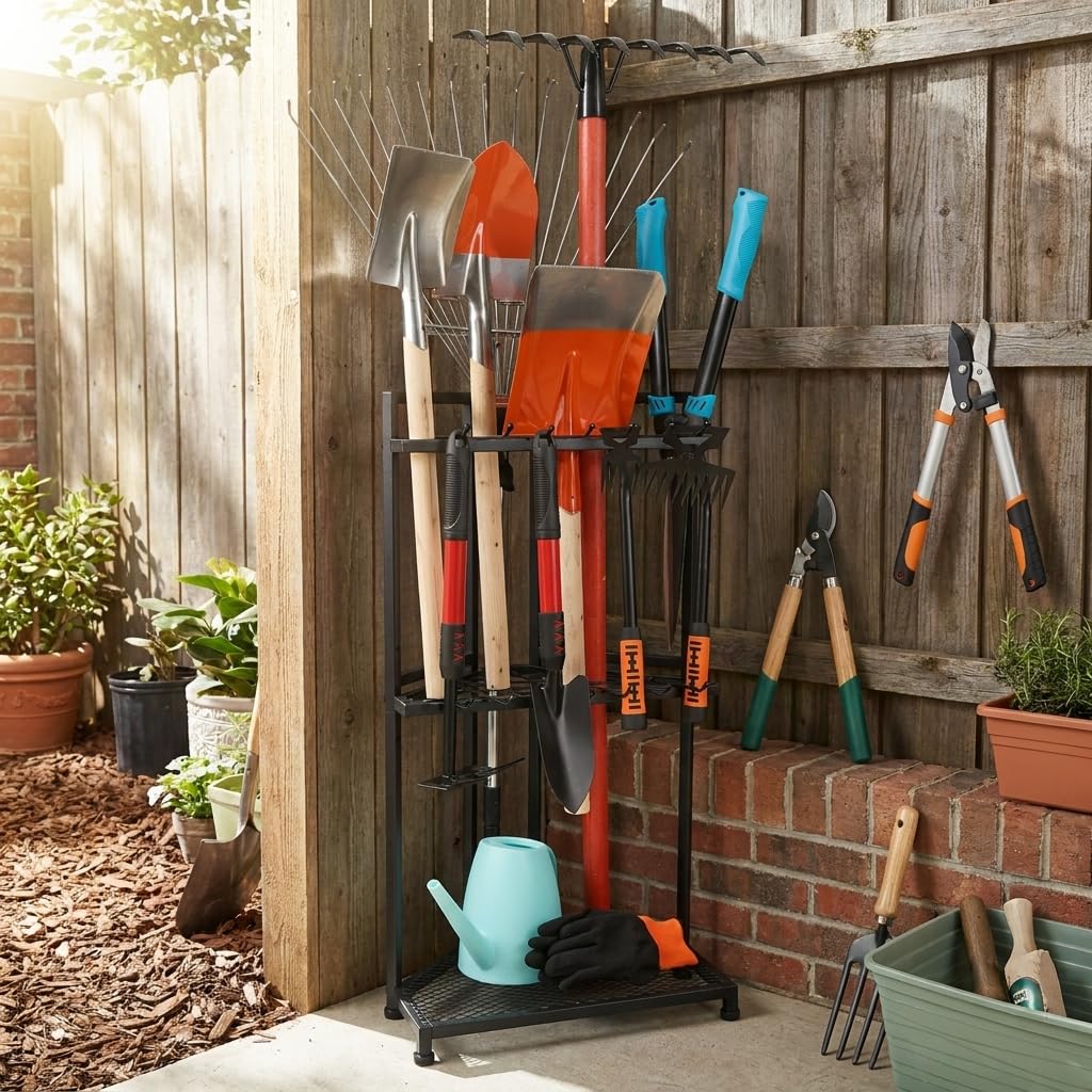 Organizzatore per attrezzi da giardino pesanti | Scaffale angolare – Acciaio verniciato a polvere di alta qualità nero opaco | Ideale per capannoni, garage, terrazza esterna