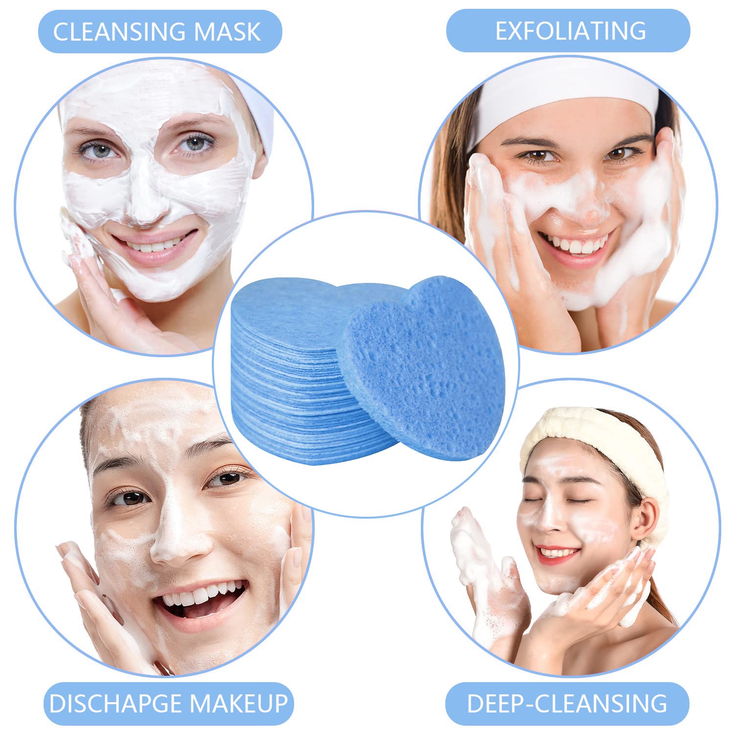 Esponjas faciales comprimidas de celulosa natural Spunspon en forma de corazón para limpieza facial, exfoliación y eliminación de maquillaje, 50 unidades / 1 paquete, azul