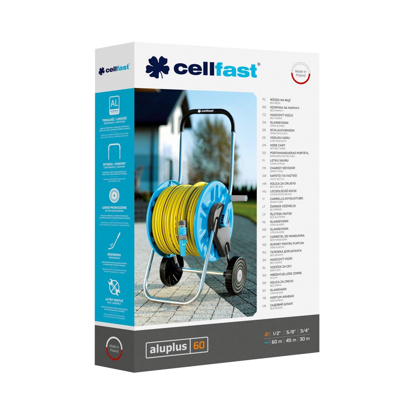 CELLFAST Carrello Per Tubi Da Giardino Avvolgitubo Con 2 Ruote Resistente Alla Corrosione Prevenzione Di Pieghe Del Tubo 1/2" Fino A 60 m Aluplus