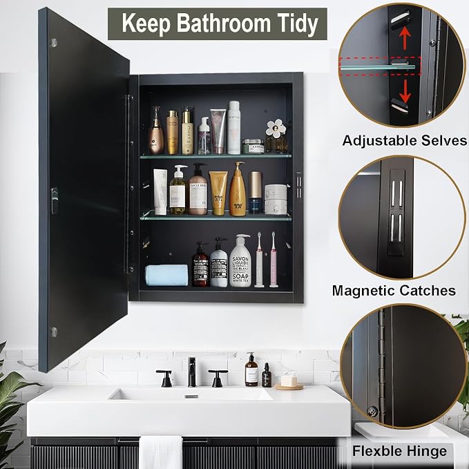 Armario empotrado para medicamentos con espejo, espejo negro para baño con almacenamiento, armario rectangular para medicamentos con espejo, espejo de pared con marco metálico para montaje empotrado o superficial, 20 x 26 pulgadas miniatura 6
