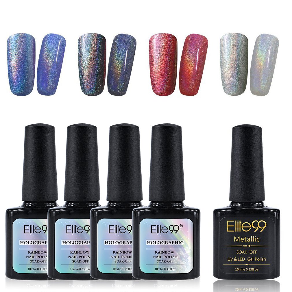 Elite99 Holographic Rainbow Nail Polish Set with Soak Off UV LED Metallic Top Coat Nail Varnish Art Decoration Manicure 5PCS (C003)