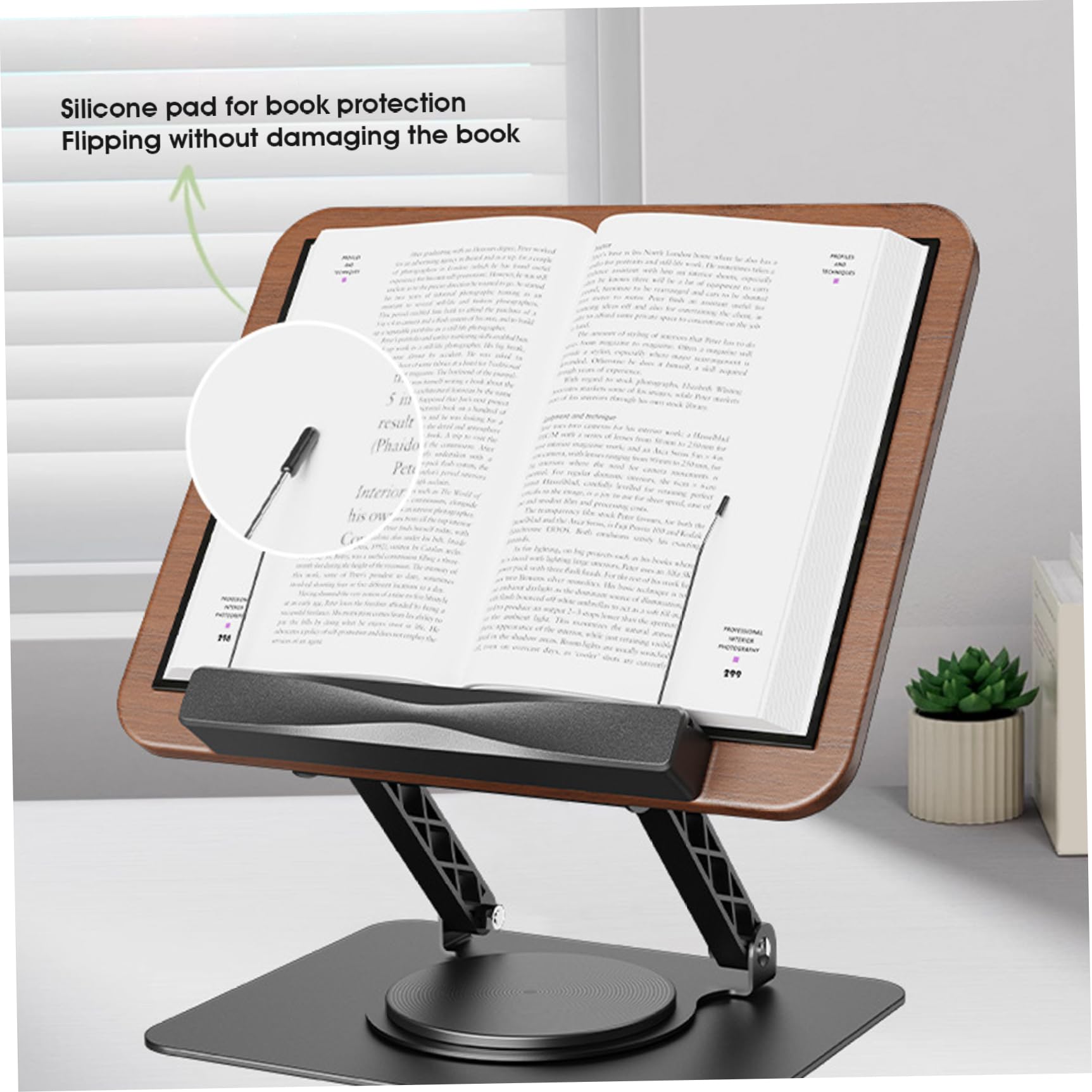 Support de livre pour la lecture, support de livre réglable pour la lecture, pliable avec bases rotatives à 360° et clips page élastiques, pour cuisine, tablette, magazine