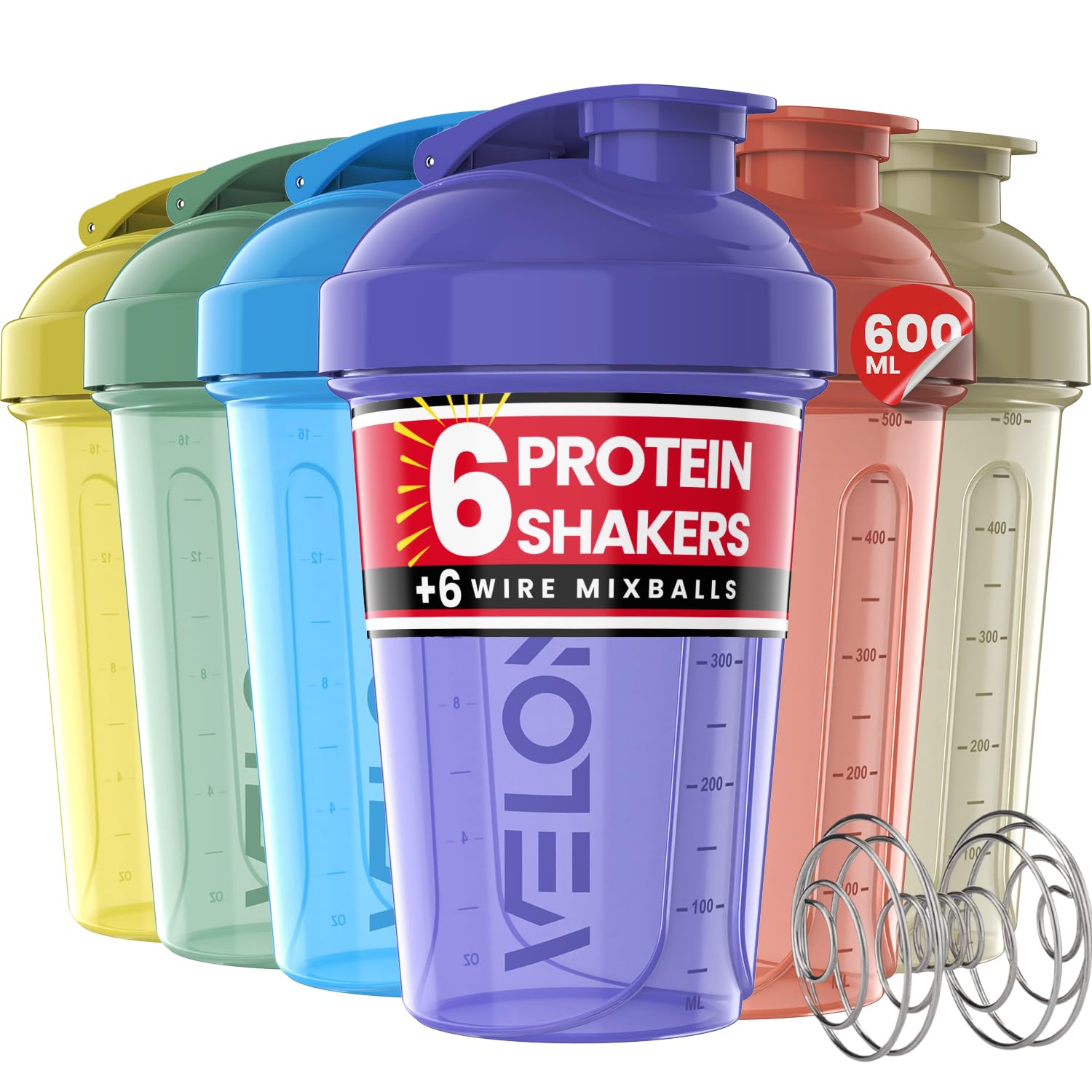 VELOMIX -6 PACK- 600ml Protein Shaker Bottle - 6x Wire Mixball for Lump-Free Shakes | Leak Proof Shaker for Protein Shakes | Protein Shake Bottle for Mixing Powdered Shakes | BPA-Free Shaker Cup