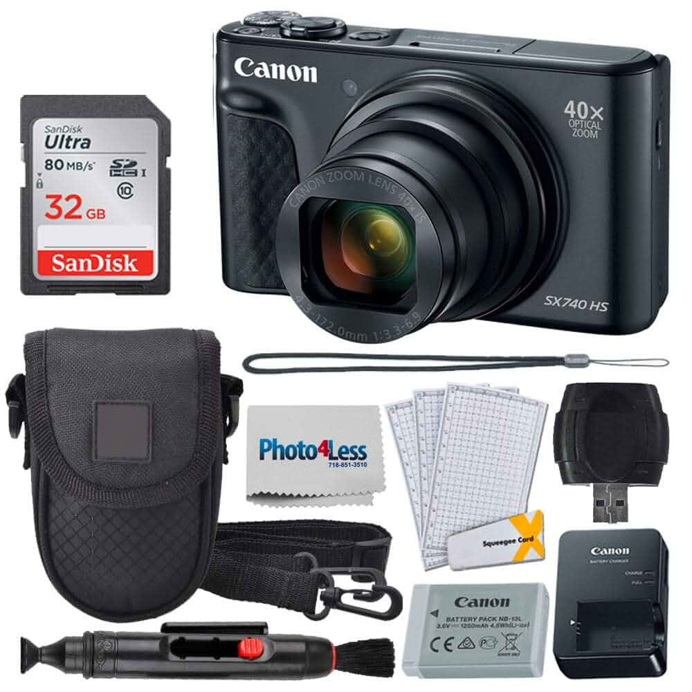 Canon PowerShot SX740 HS Digital Camera + 32GB Memory Card + Point & Shoot Case + USB Card Reader + Lens Cleaning Pen + LCD Screen Protectors + Photo4Less Cleaning Cloth – Accessory Bundle (Black) Compact