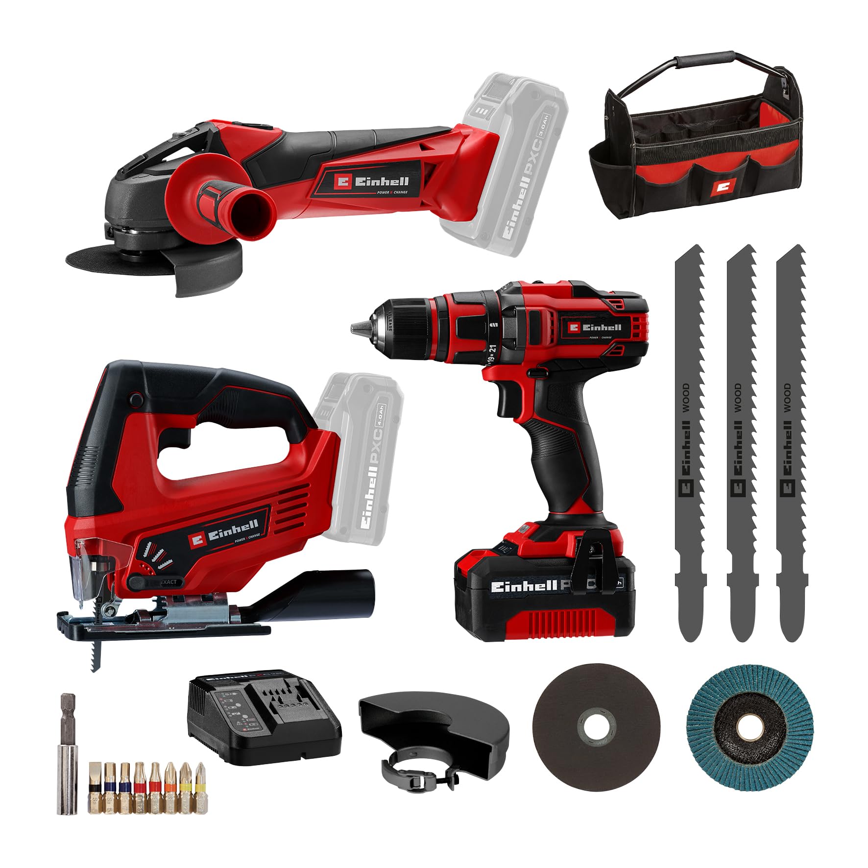 Einhell Bohrschrauber TE-CD 18/40 Li + Winkelschleifer TC-AG 18/115 Li + Stichsäge TC-JS 18 Li Power X-Change (18 V, inkl. 1 x 4,0 Ah Akku, Ladegerät, Etui)