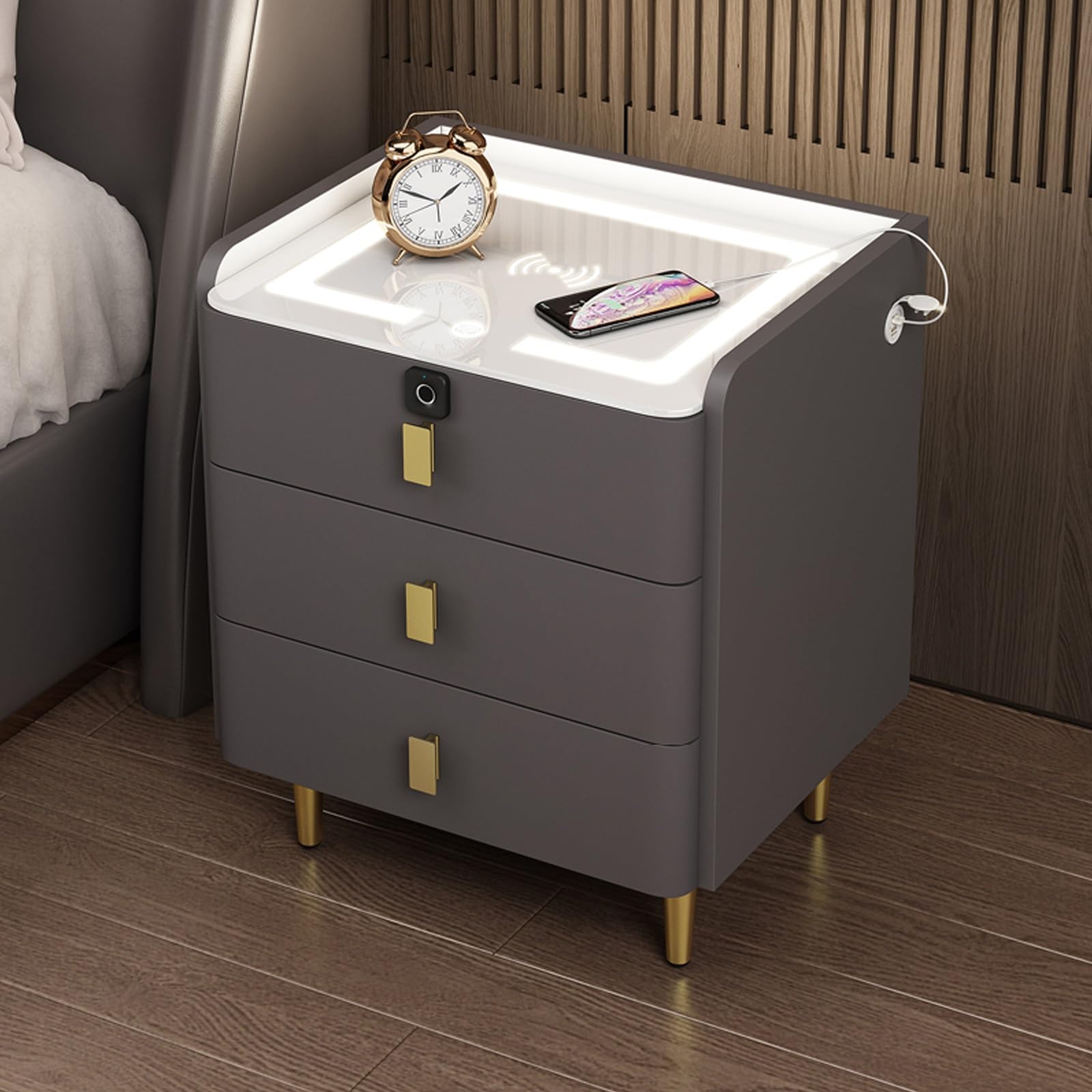 Table de Chevet Blanche en Bois Massif Haute Brillance LED