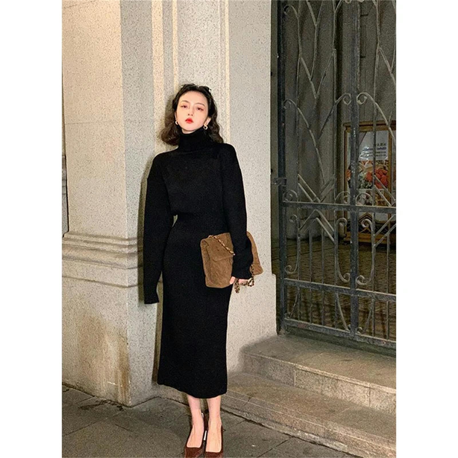 Vestito Donna Autunno Elegante Abito Midi A Maglia da Donna Donne A Linea Abiti Autunno Inverno Solido con La Vita Alta