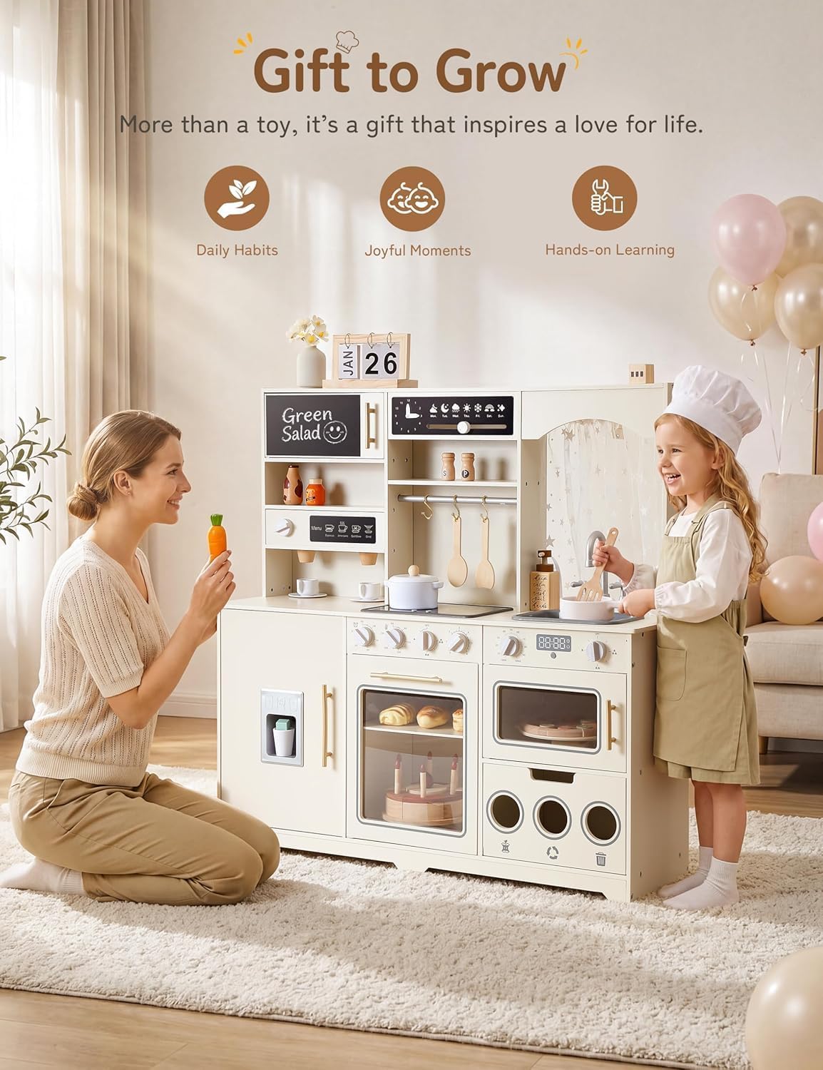 besrey Cucina Giocattolo per Bambini in Legno 105cm con Luci e Suoni, Beige | Con microonde, dispenser di ghiaccio e area per la raccolta differenziata; ampio spazio per giocare insieme dai 3 anni