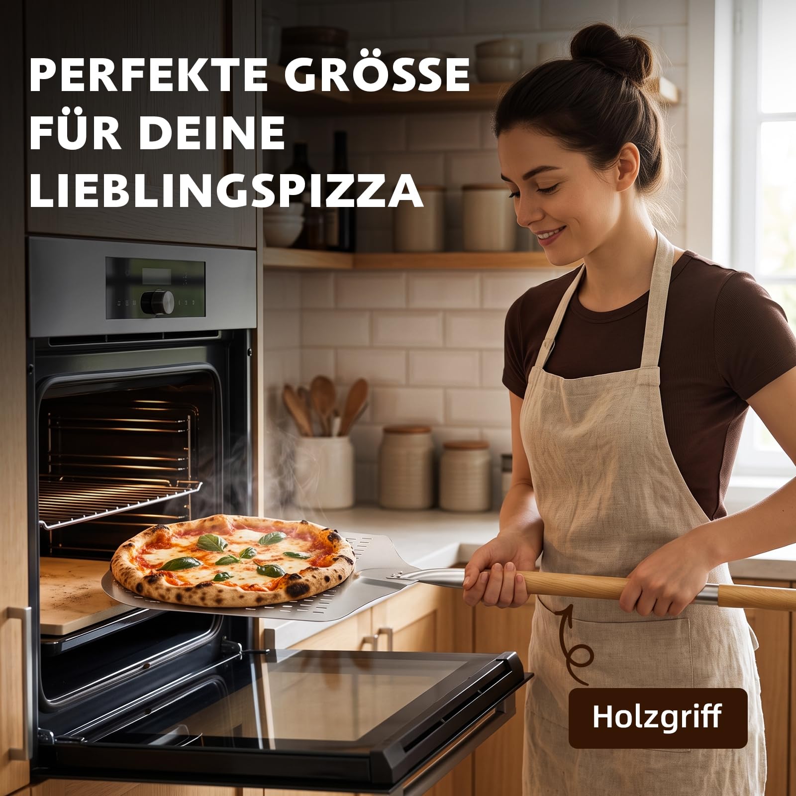 Funtery Pelle à pizza perforée avec manche en bois en 2 parties, 30,5 × 30,5 cm