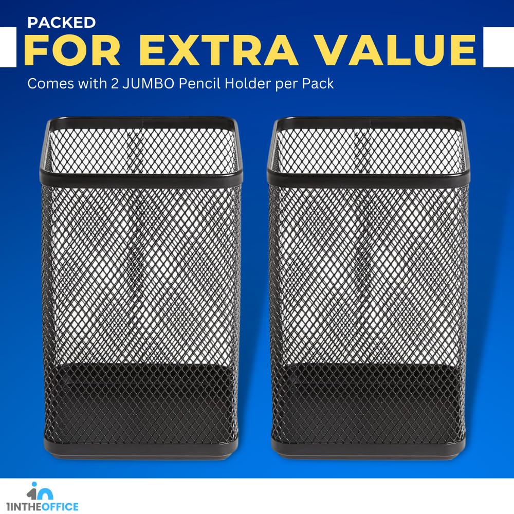 1InTheOffice - Set di 2 tazze per matite Jumbo da scrivania, impilabili in rete metallica, colore: nero opaco
