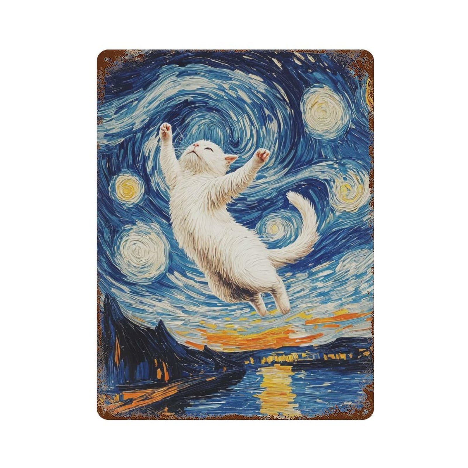 Retro Metal Sign with Cat in Starry Night Landscape Design 15.7"x11.8", for Living Room, Hallway And Home Decor, Farmhouse Wall Decor