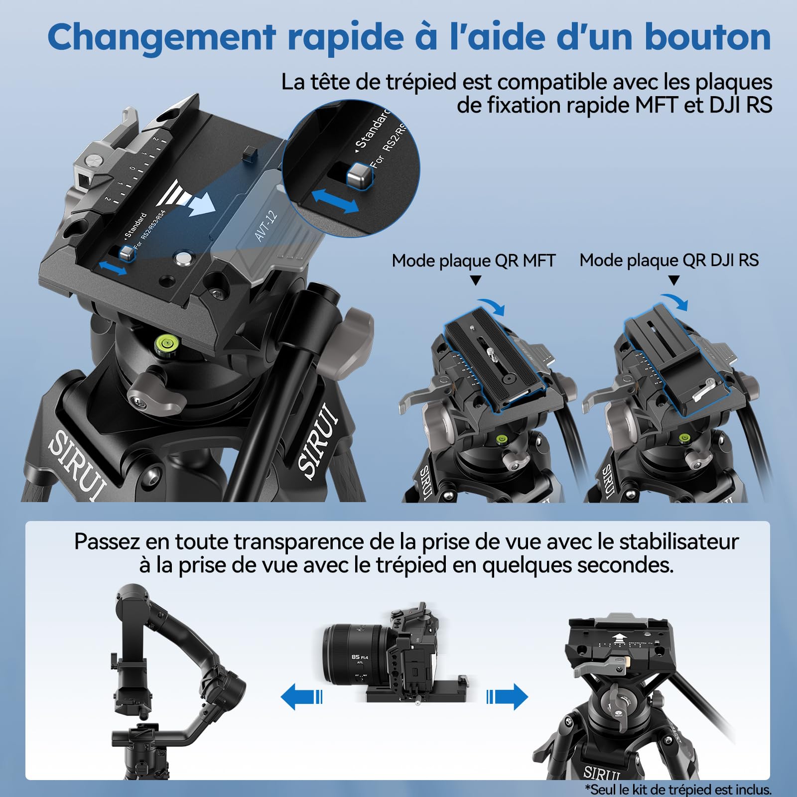 SIRUI Trépied Vidéo en Fibre de Carbone à Dégagement Rapide, 185cm Trépied Robuste avec Tête Fluide et Système de Verrouillage Rapide en Une Étape, pour DJI et pour Manfrotto, Max 15 kg, AVT-12